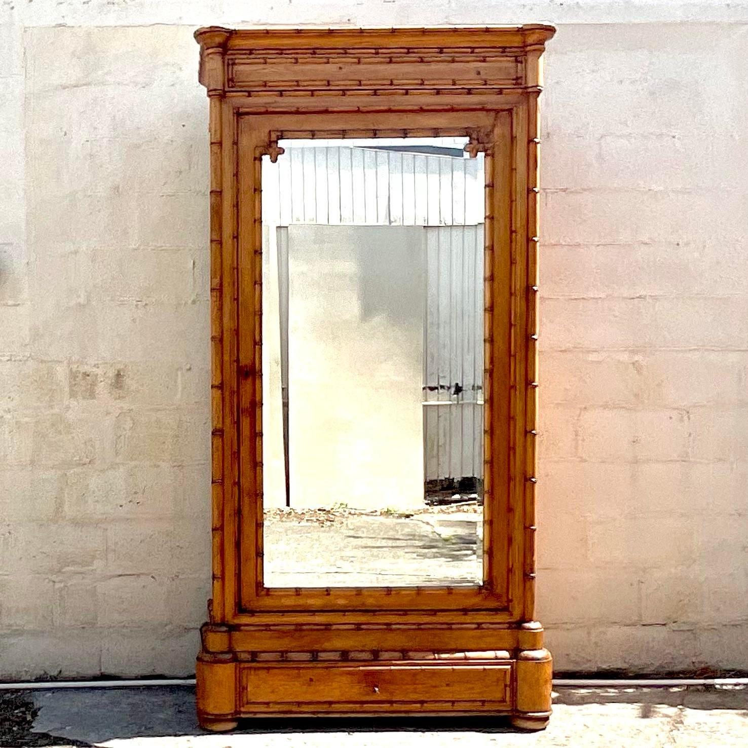 Vintage Coastal Carved Bamboo Armoire 7