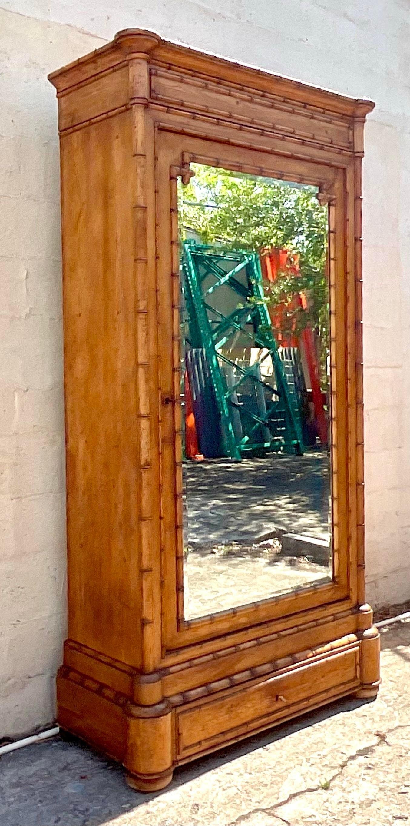 Vintage Coastal Carved Bamboo Armoire 8
