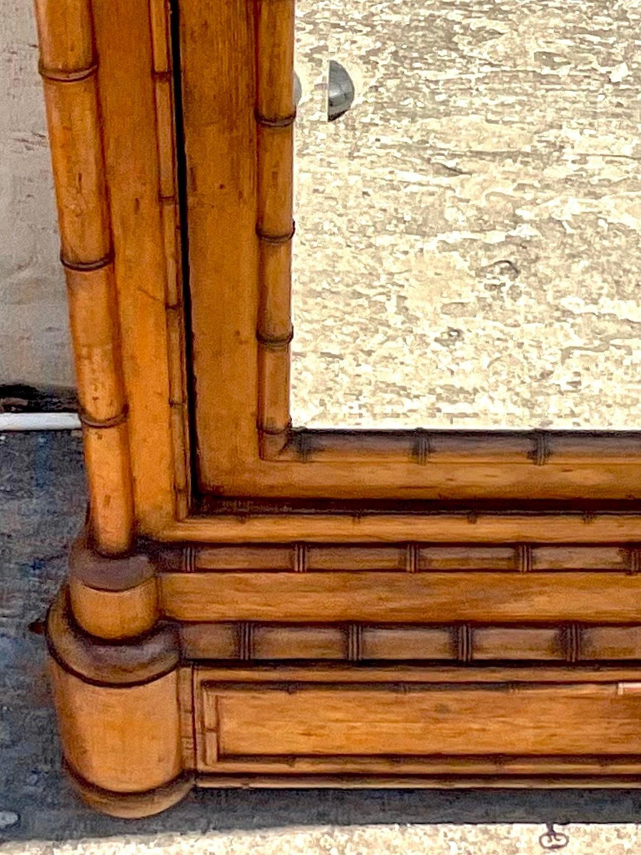 20th Century Vintage Coastal Carved Bamboo Armoire