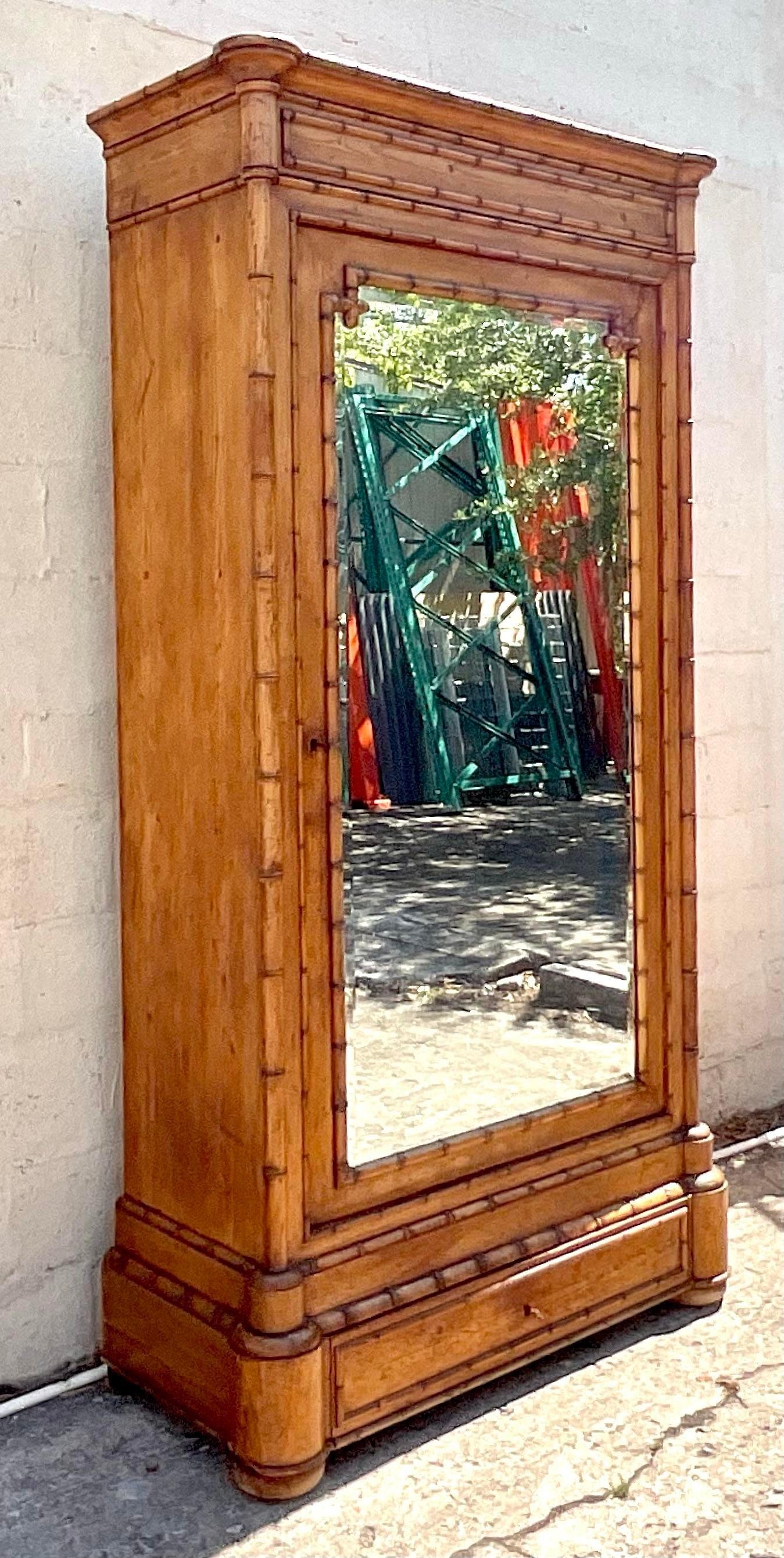 Vintage Coastal Carved Bamboo Armoire 4