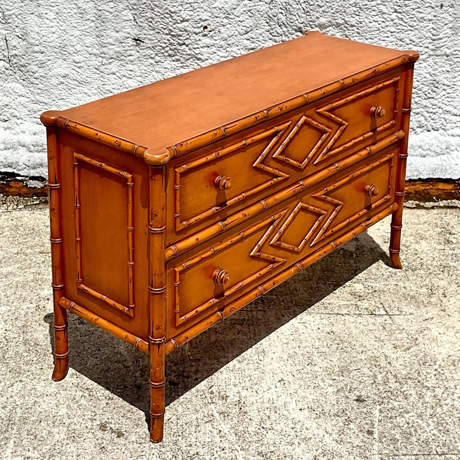 North American Vintage Coastal Carved Bamboo Chest of Drawers