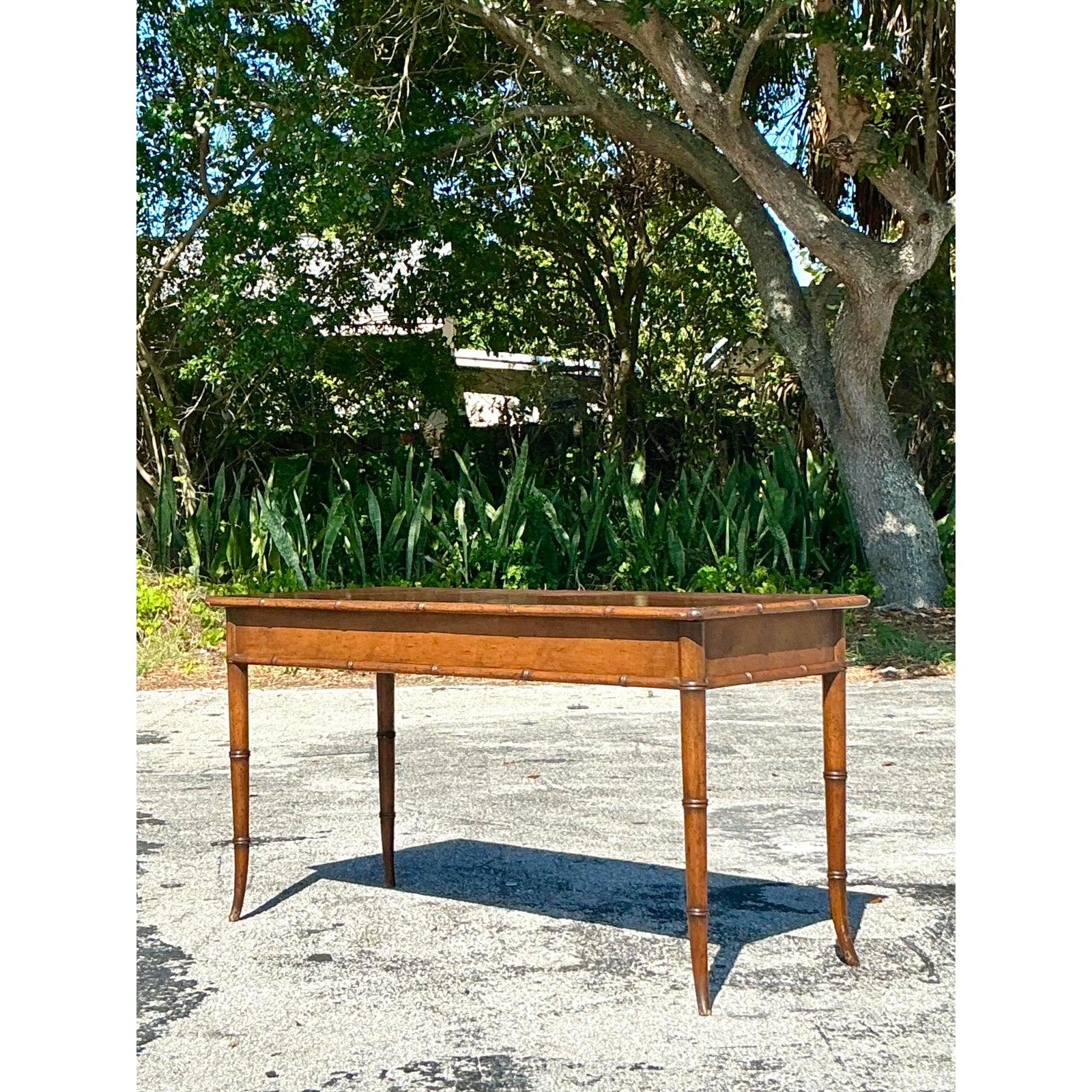 Vintage Coastal Carved Bamboo Low Console Table For Sale 3