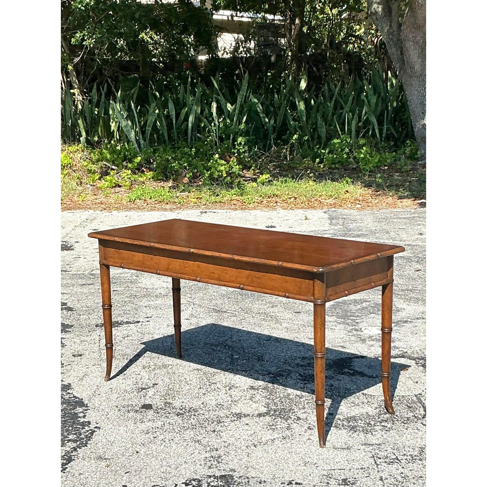 Vintage Coastal Carved Bamboo Low Console Table For Sale 4
