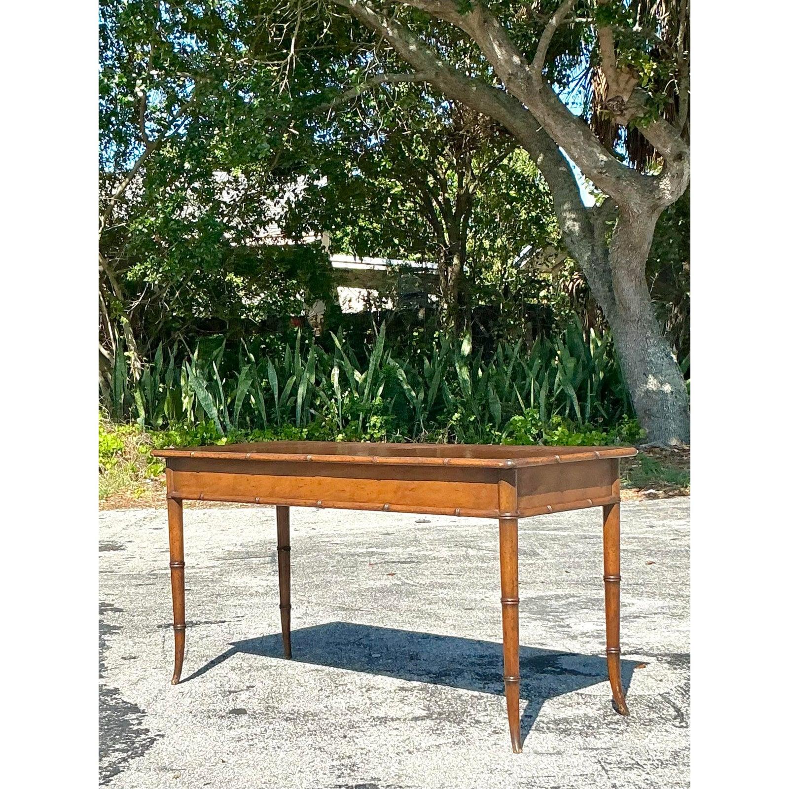 Vintage Coastal Carved Bamboo Low Console Table For Sale 5