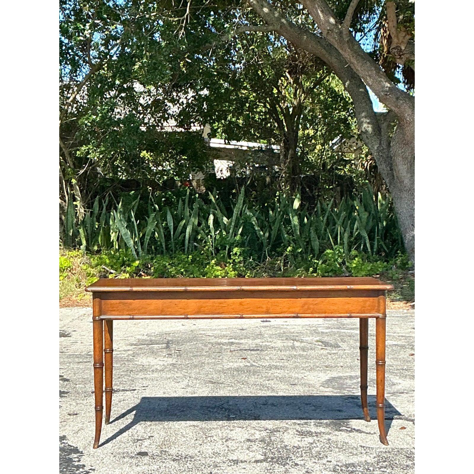 British Colonial Vintage Coastal Carved Bamboo Low Console Table For Sale