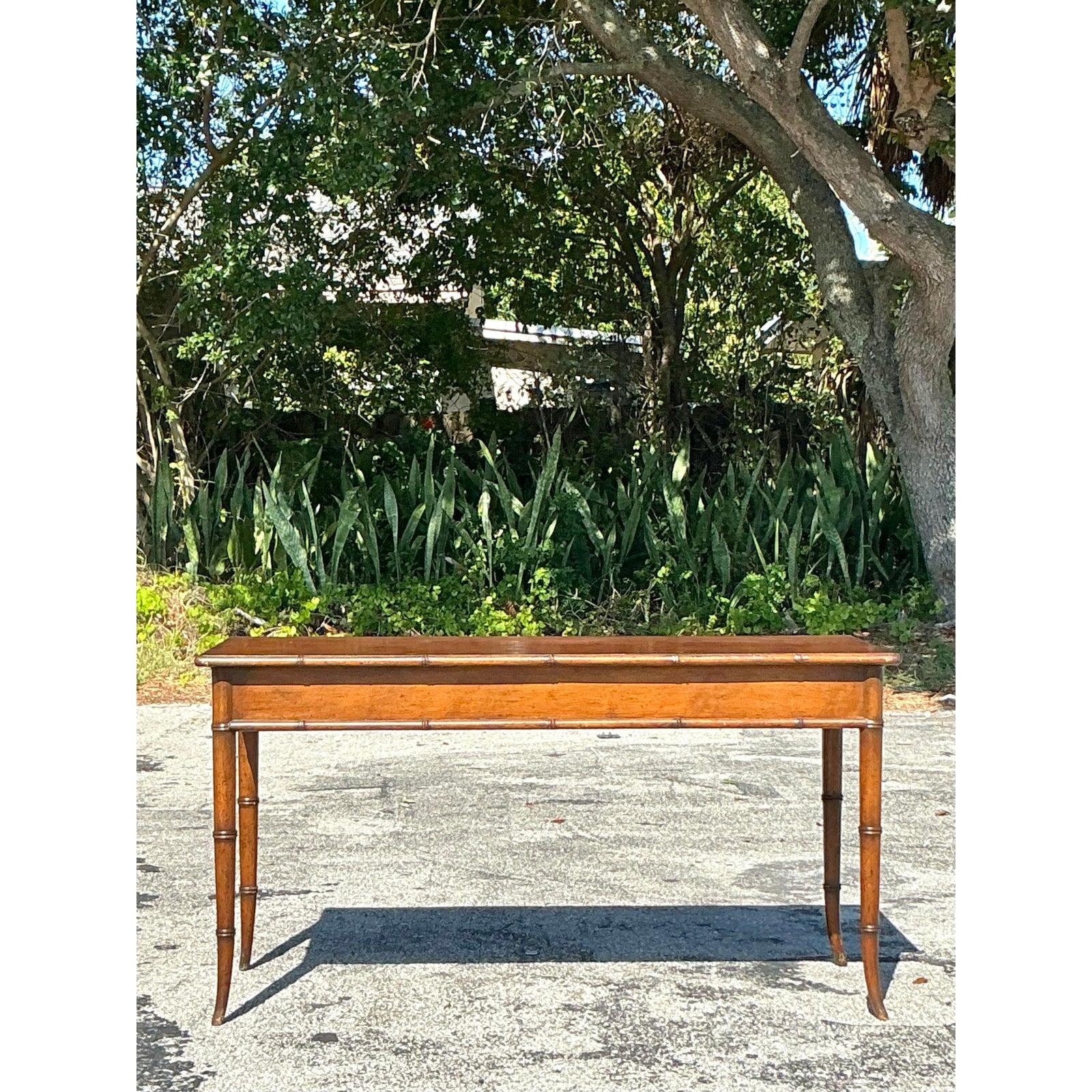 American Vintage Coastal Carved Bamboo Low Console Table For Sale