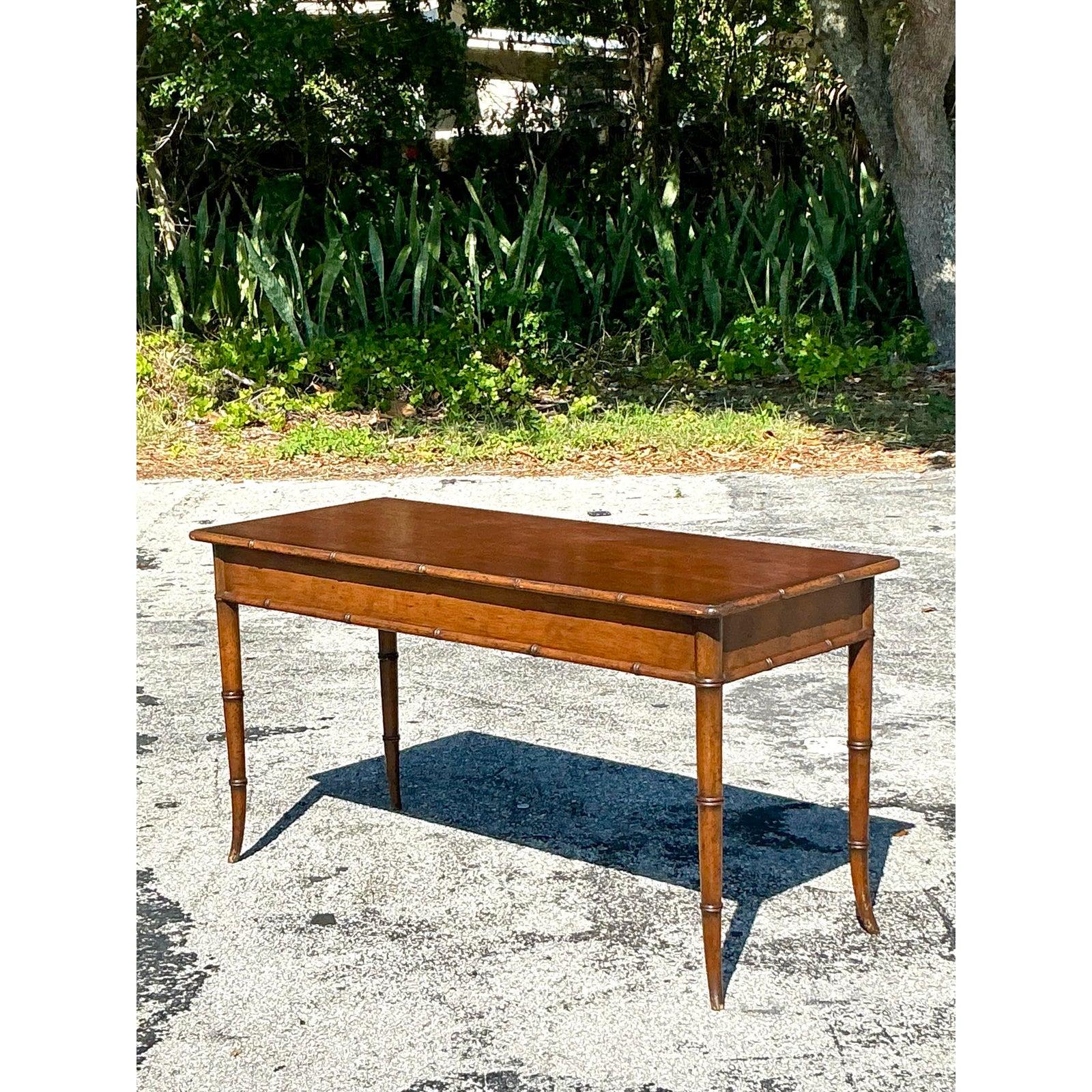 Vintage Coastal Carved Bamboo Low Console Table In Good Condition For Sale In west palm beach, FL