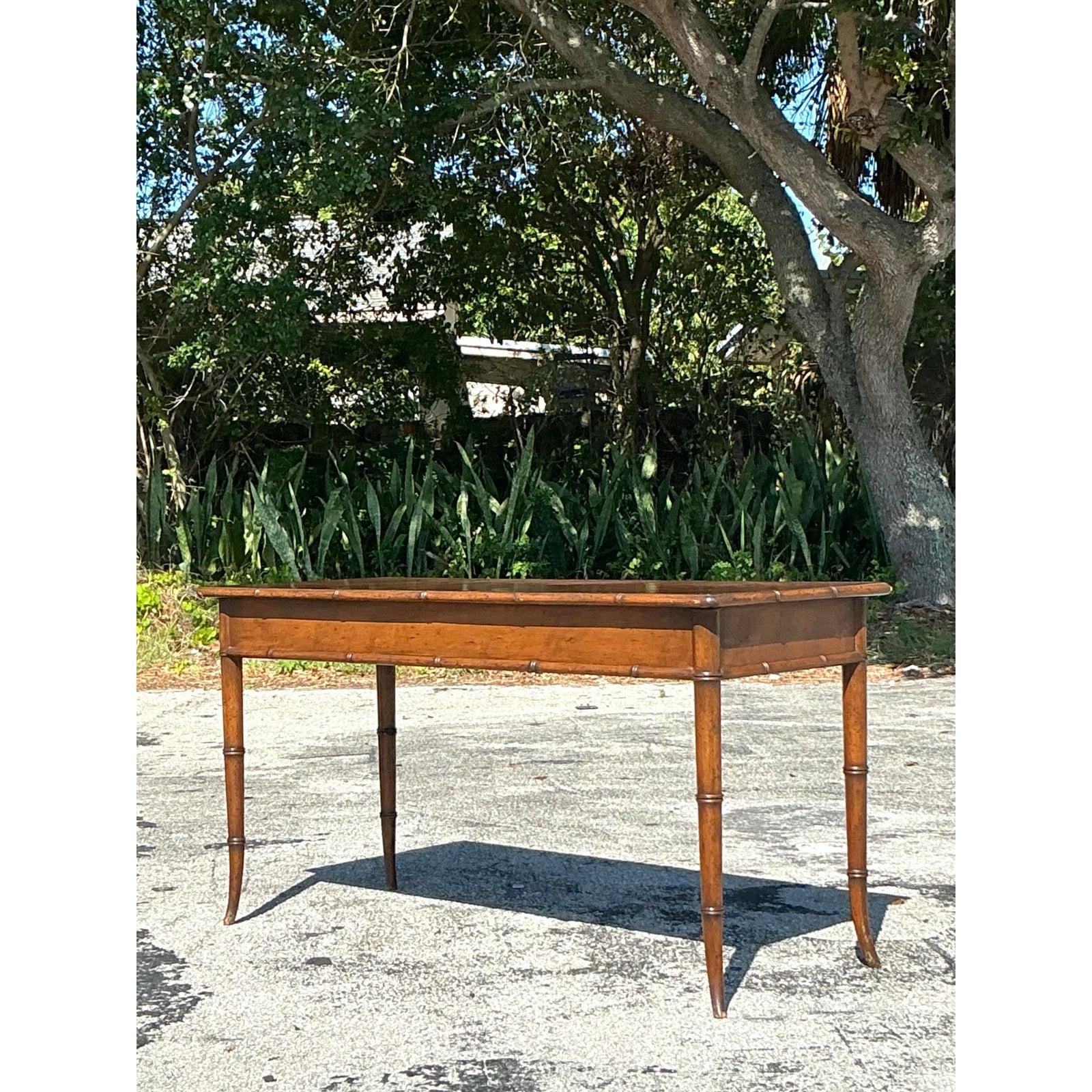 20th Century Vintage Coastal Carved Bamboo Low Console Table For Sale