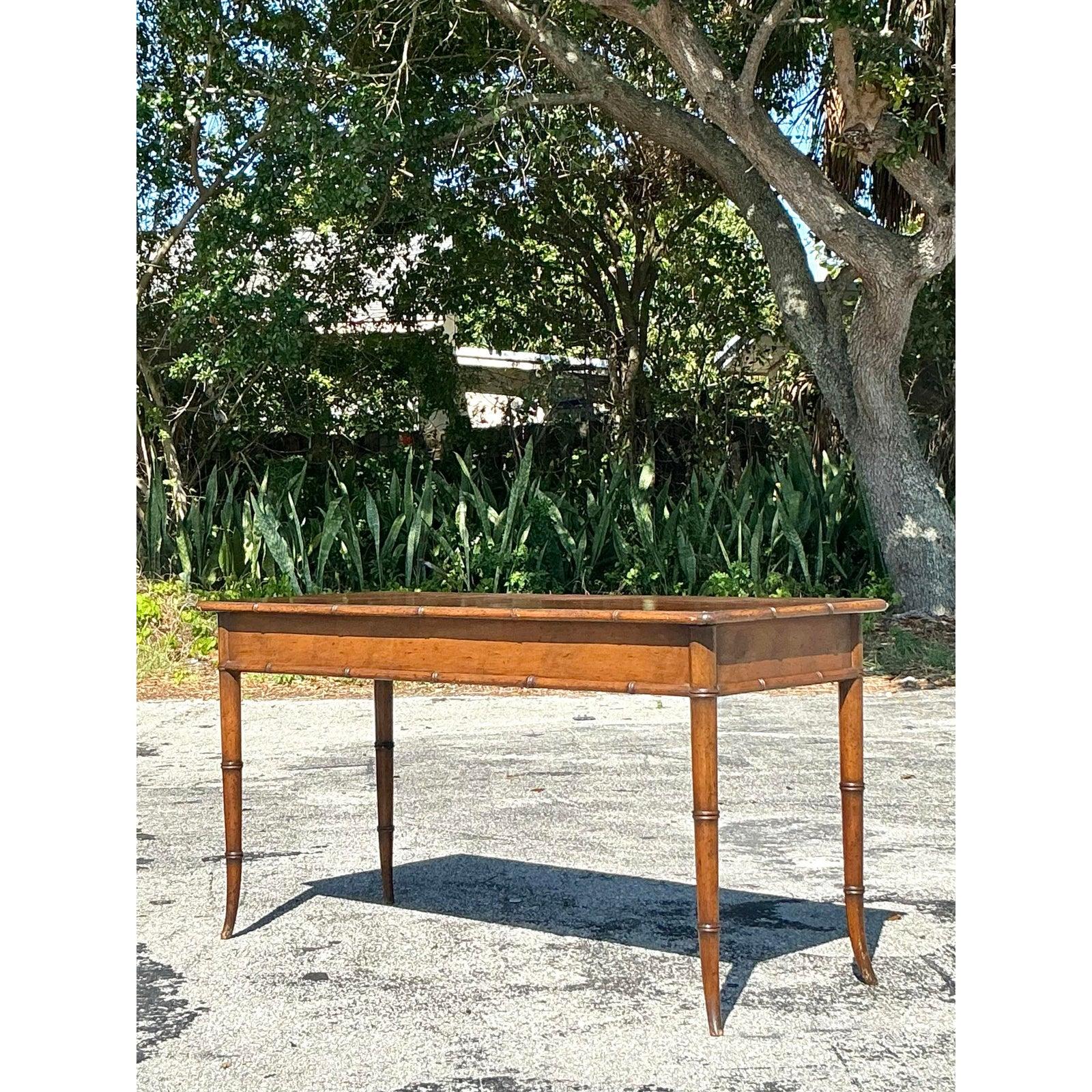 Vintage Coastal Carved Bamboo Low Console Table For Sale 2