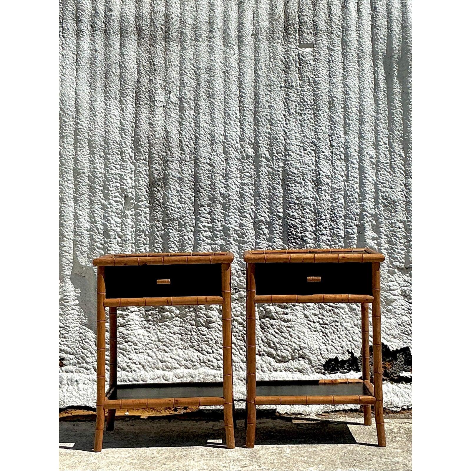 Philippine Vintage Coastal Carved Bamboo Nightstands - A Pair For Sale