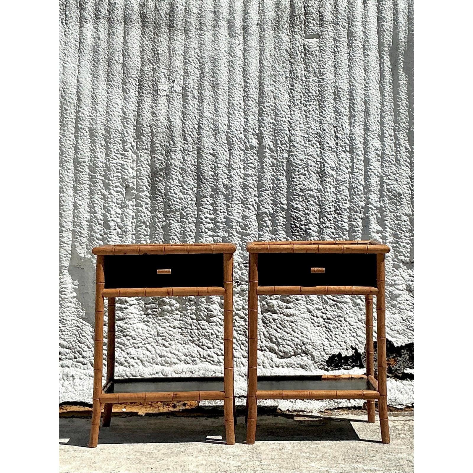20th Century Vintage Coastal Carved Bamboo Nightstands - A Pair For Sale
