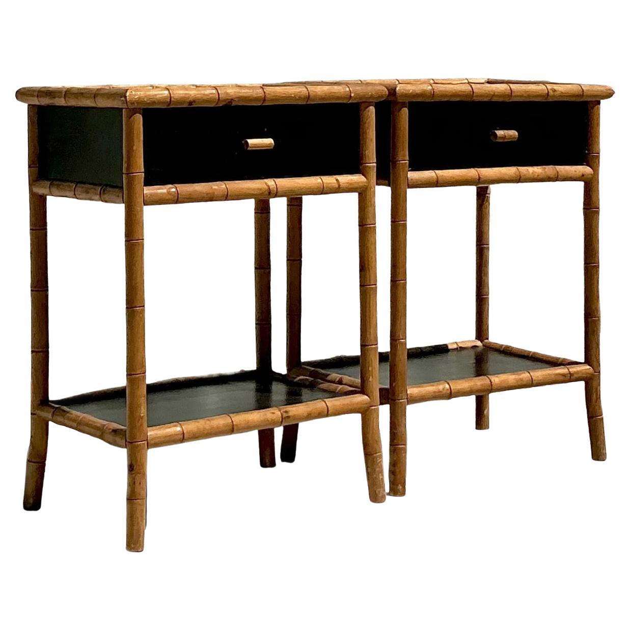 Vintage Coastal Carved Bamboo Nightstands - A Pair For Sale