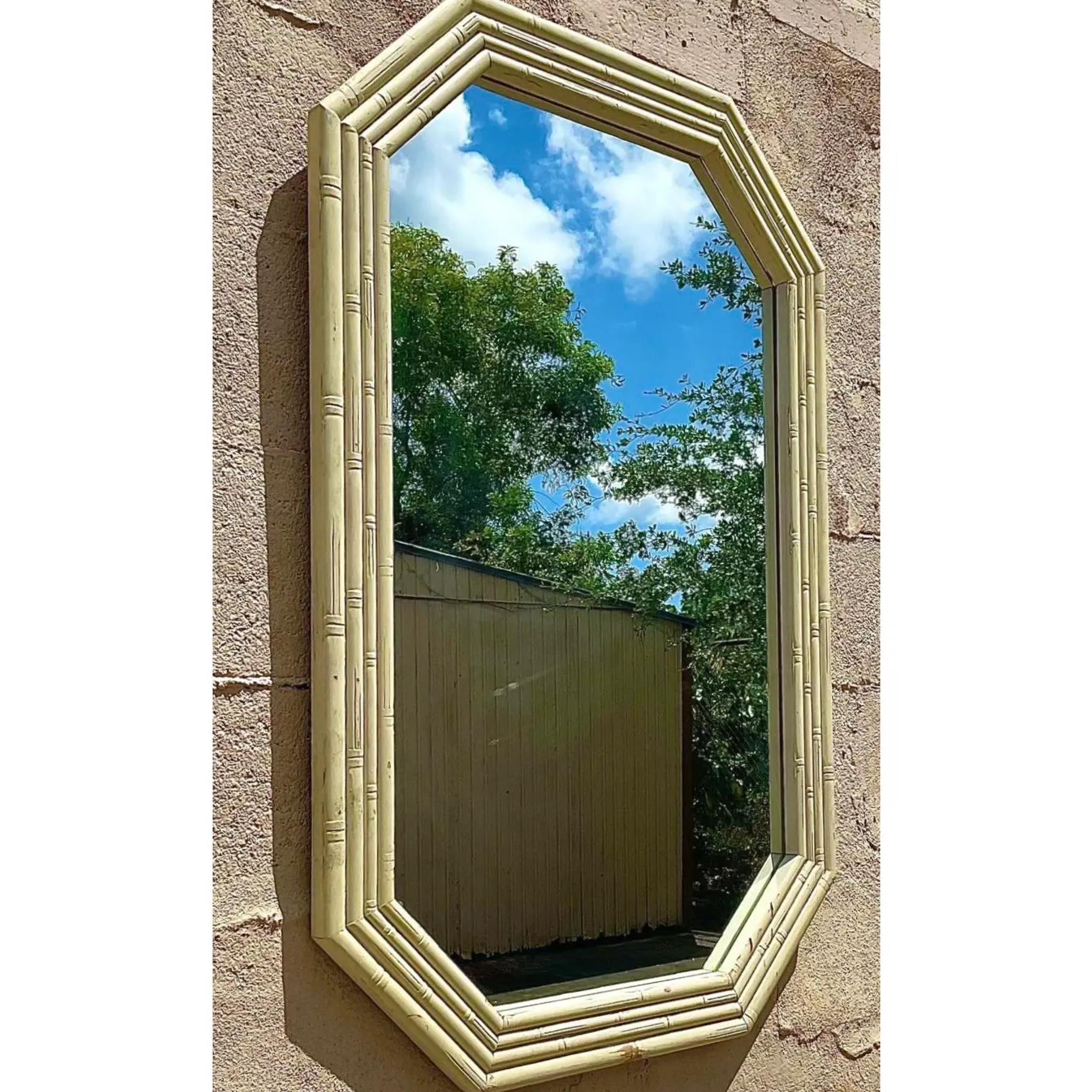 Bohemian Vintage Coastal Carved Bamboo Octagonal Wall Mirror For Sale