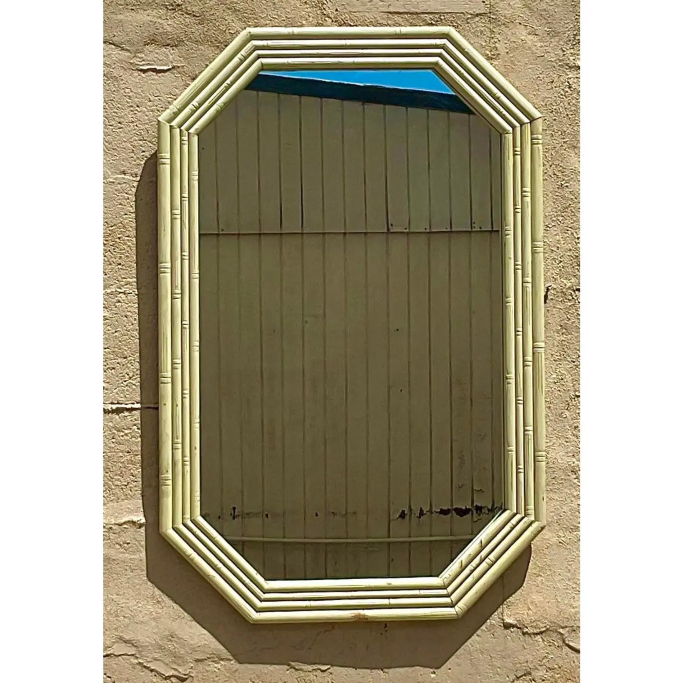 American Vintage Coastal Carved Bamboo Octagonal Wall Mirror For Sale