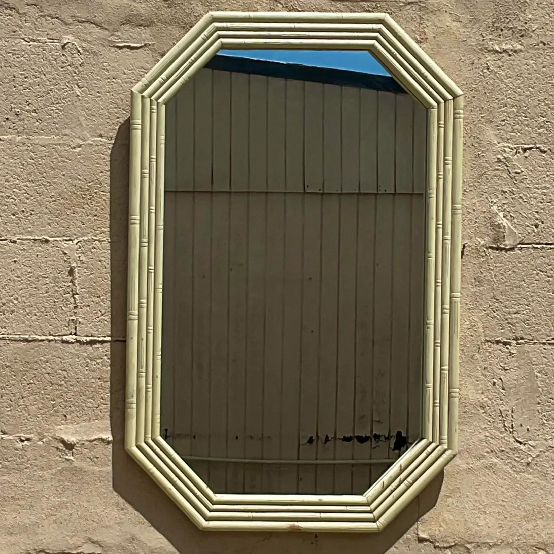 Vintage Coastal Carved Bamboo Octagonal Wall Mirror In Good Condition For Sale In west palm beach, FL