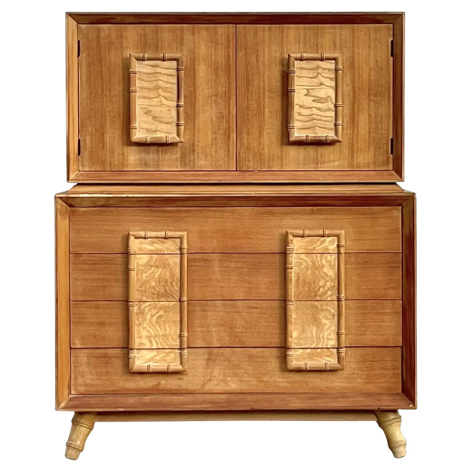 Vintage Coastal Carved Bamboo Trimmed Gentleman’s Chest