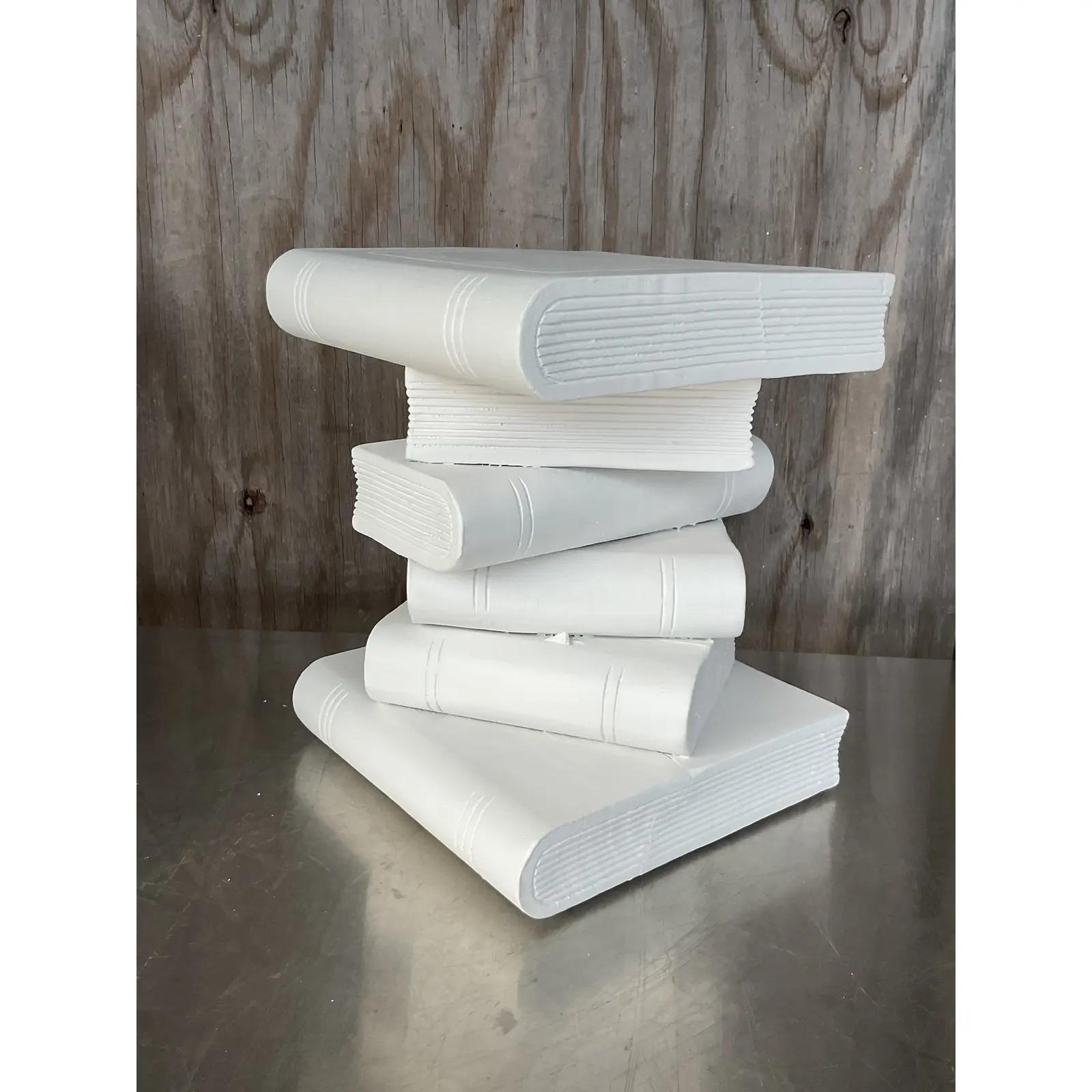 North American Vintage Coastal Carved Book Stack Side Table