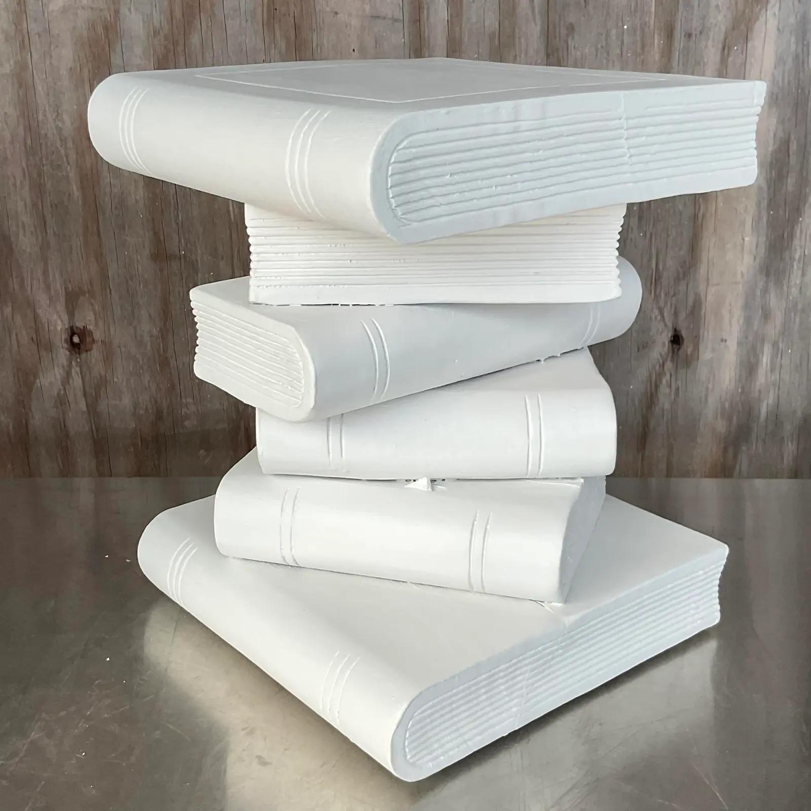 20th Century Vintage Coastal Carved Book Stack Side Table