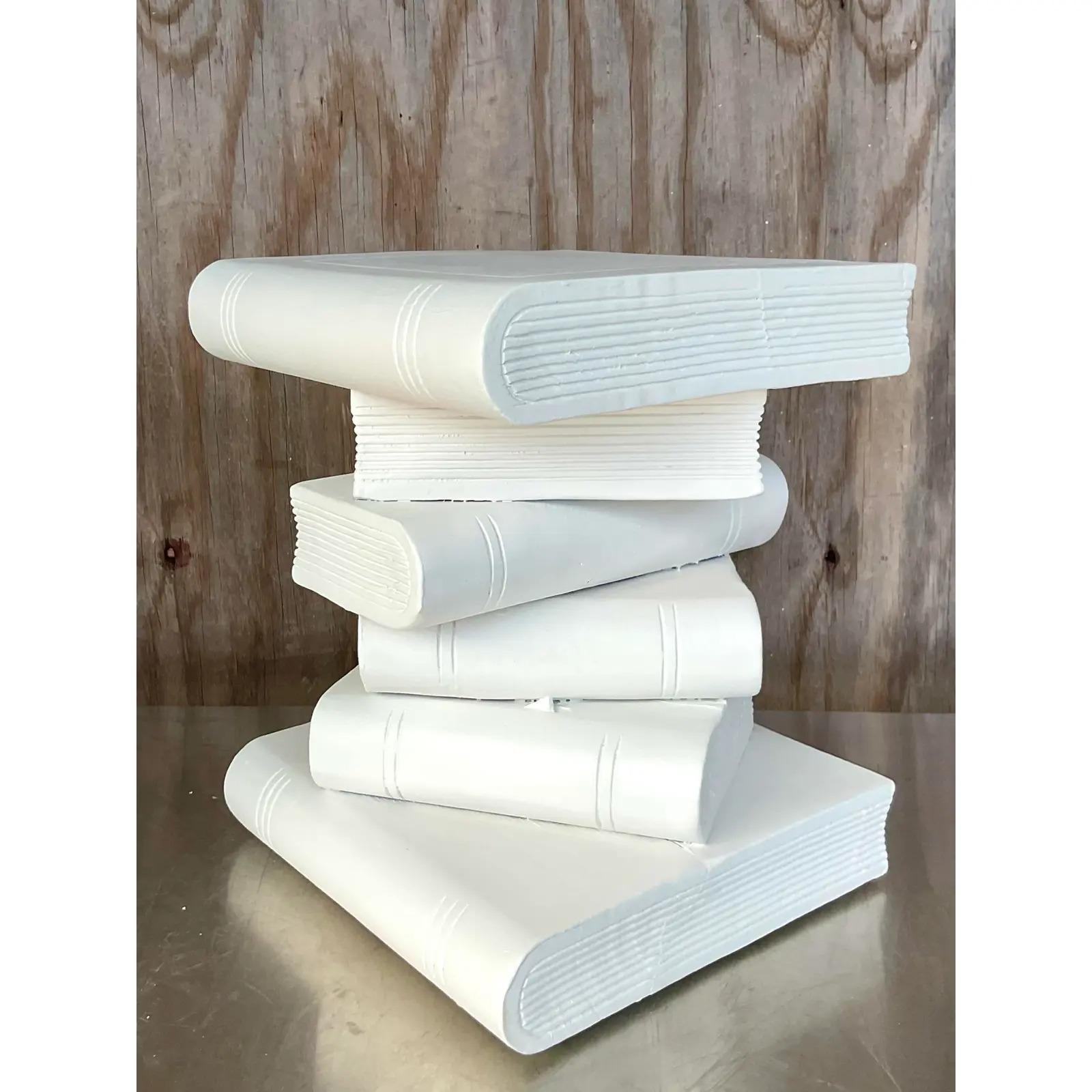 Vintage Coastal Carved Book Stack Side Table 2