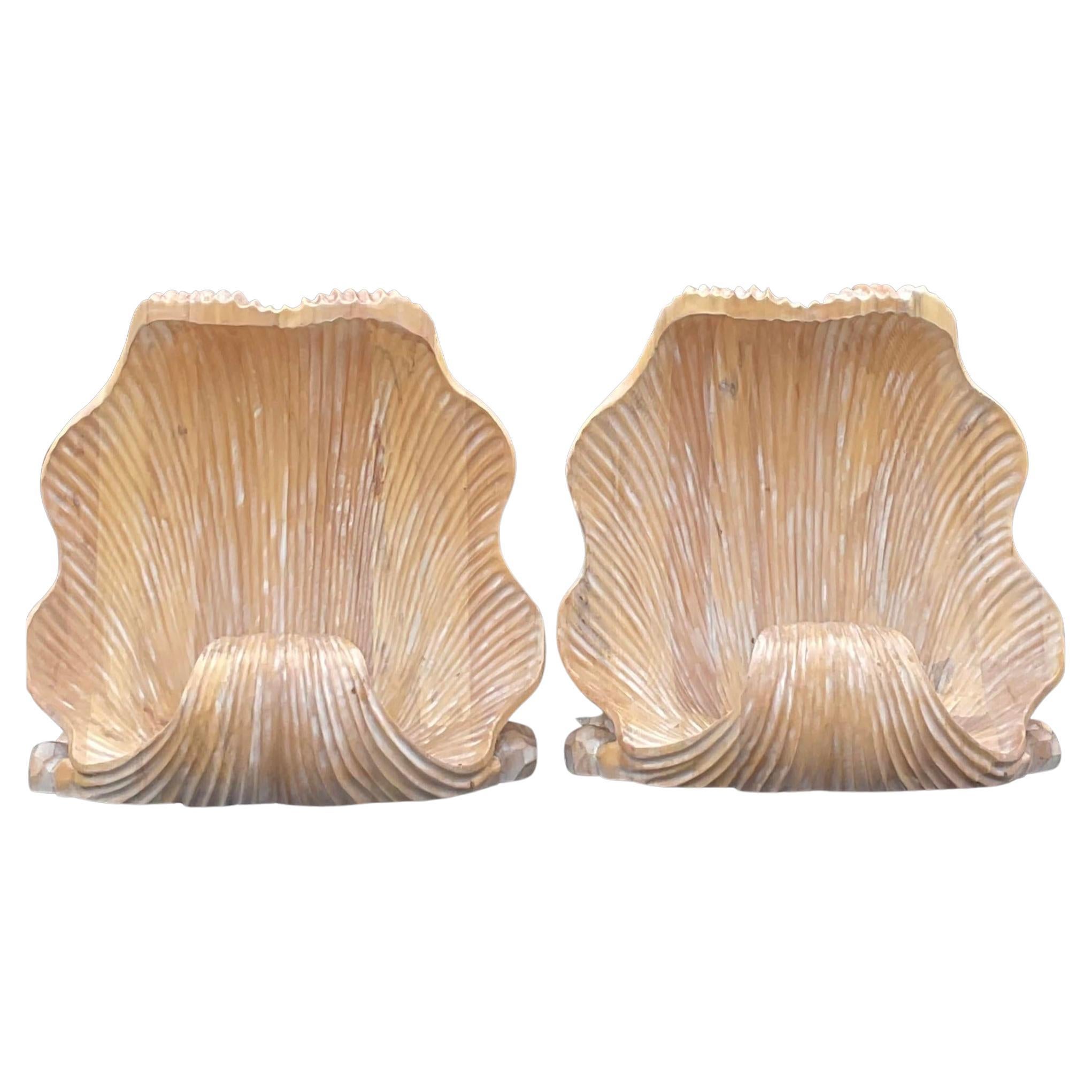 Vintage Coastal Carved Clam Shell Dining Table Pedestals - Set of 2