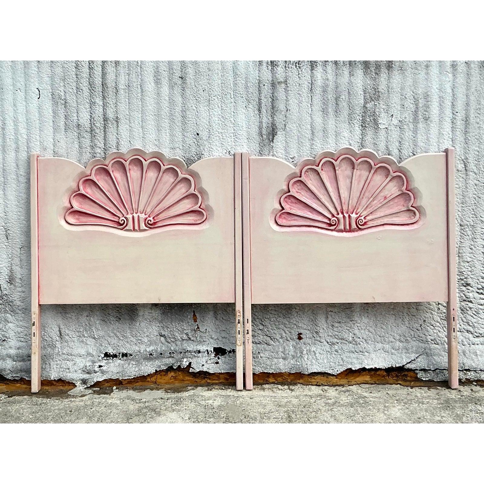 Vintage Coastal Carved Clamshell Twin Headboards - a Pair In Good Condition In west palm beach, FL