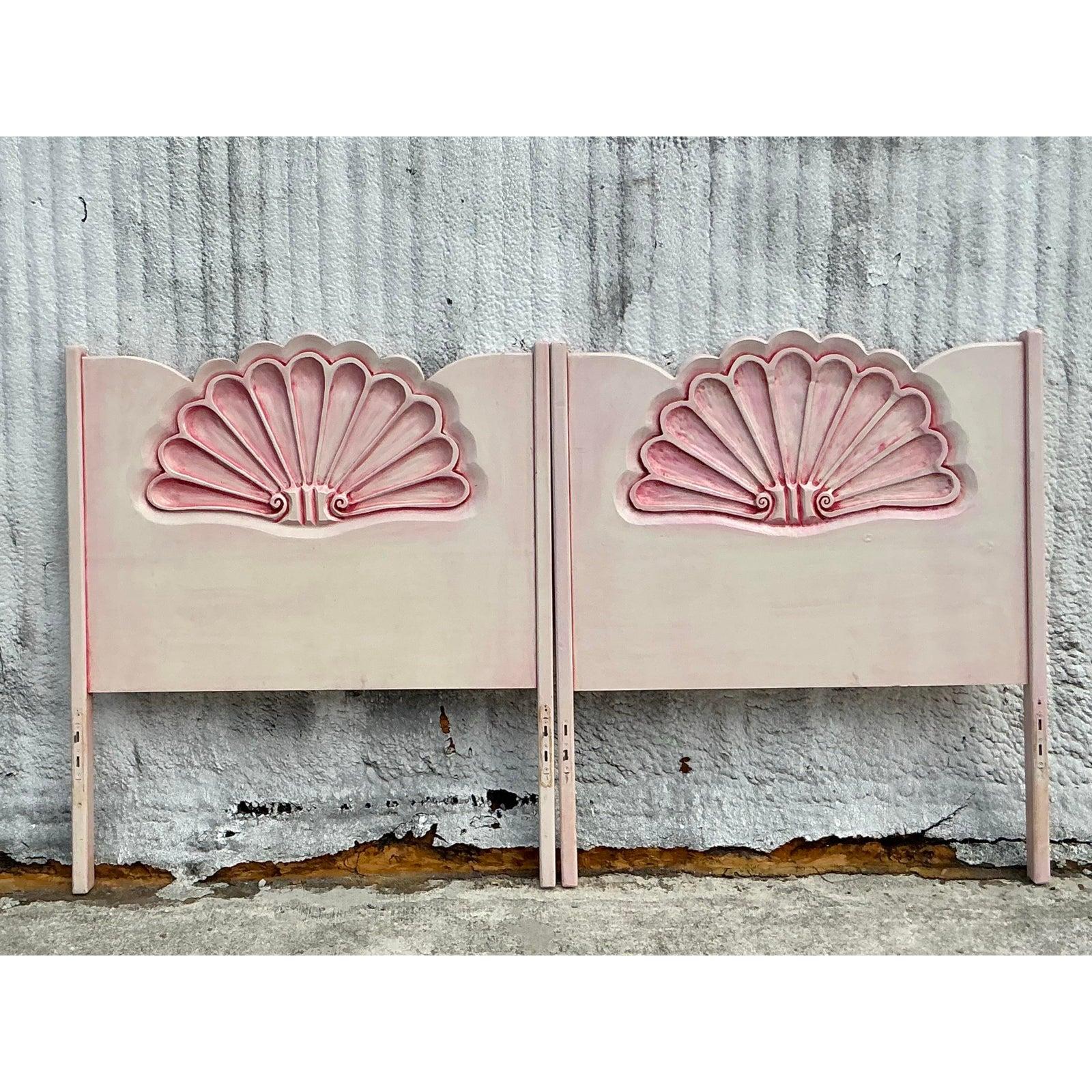 20th Century Vintage Coastal Carved Clamshell Twin Headboards - a Pair