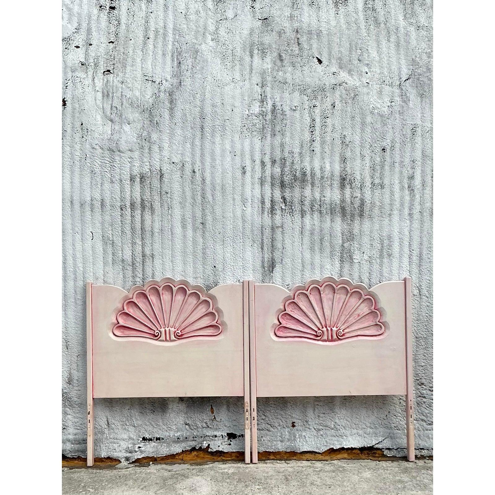 Wood Vintage Coastal Carved Clamshell Twin Headboards - a Pair