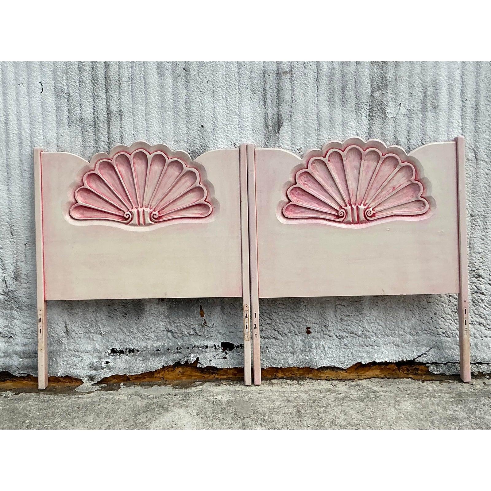 Vintage Coastal Carved Clamshell Twin Headboards - a Pair 1