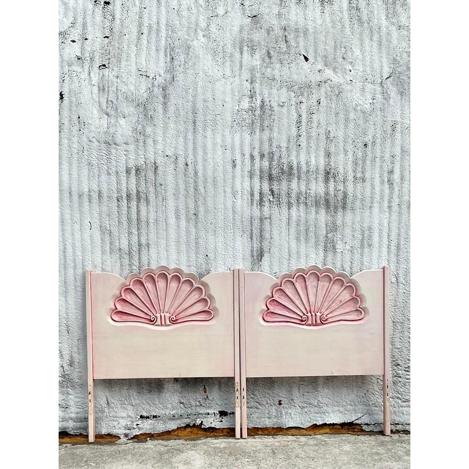 Vintage Coastal Carved Clamshell Twin Headboards - a Pair 2