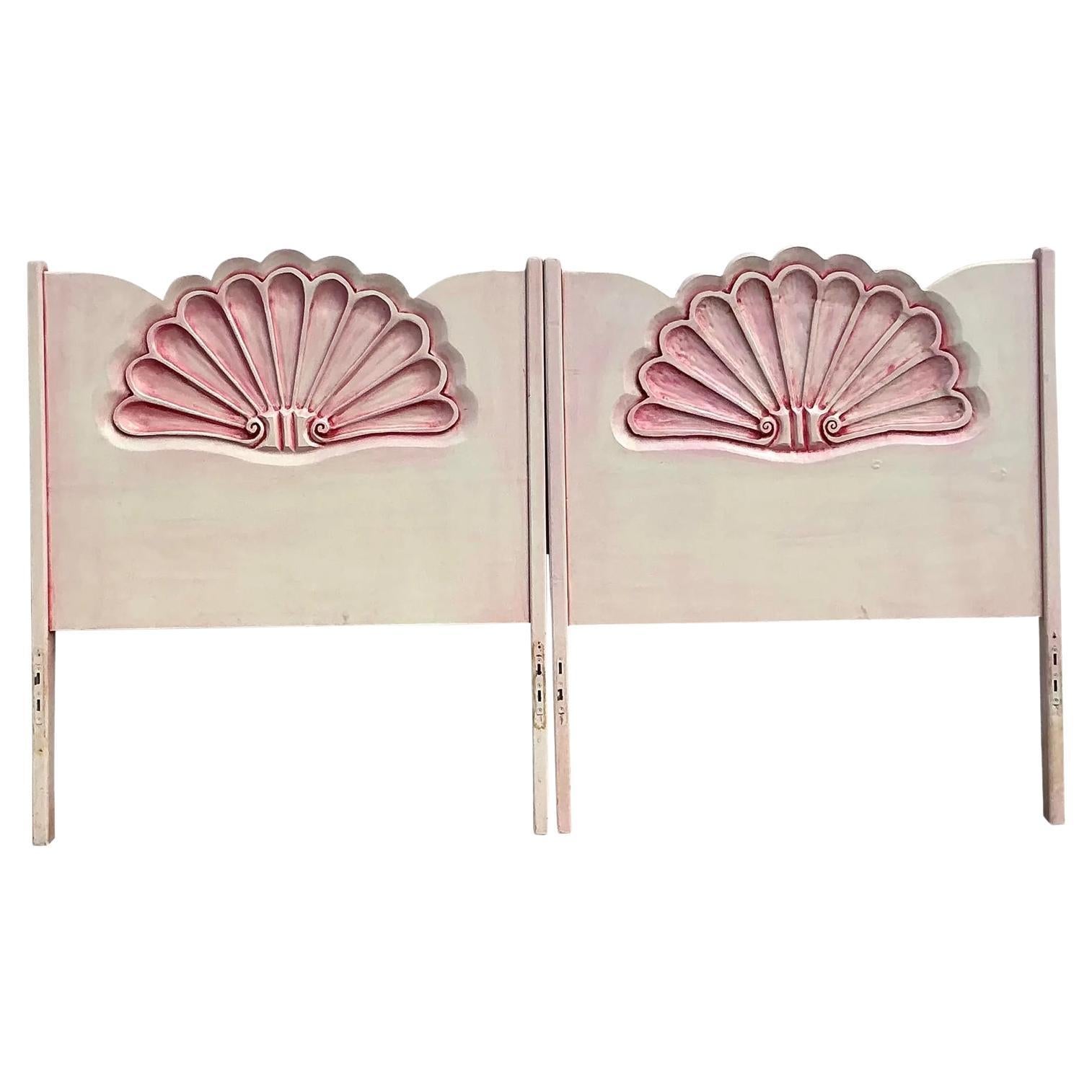 Vintage Coastal Carved Clamshell Twin Headboards - a Pair