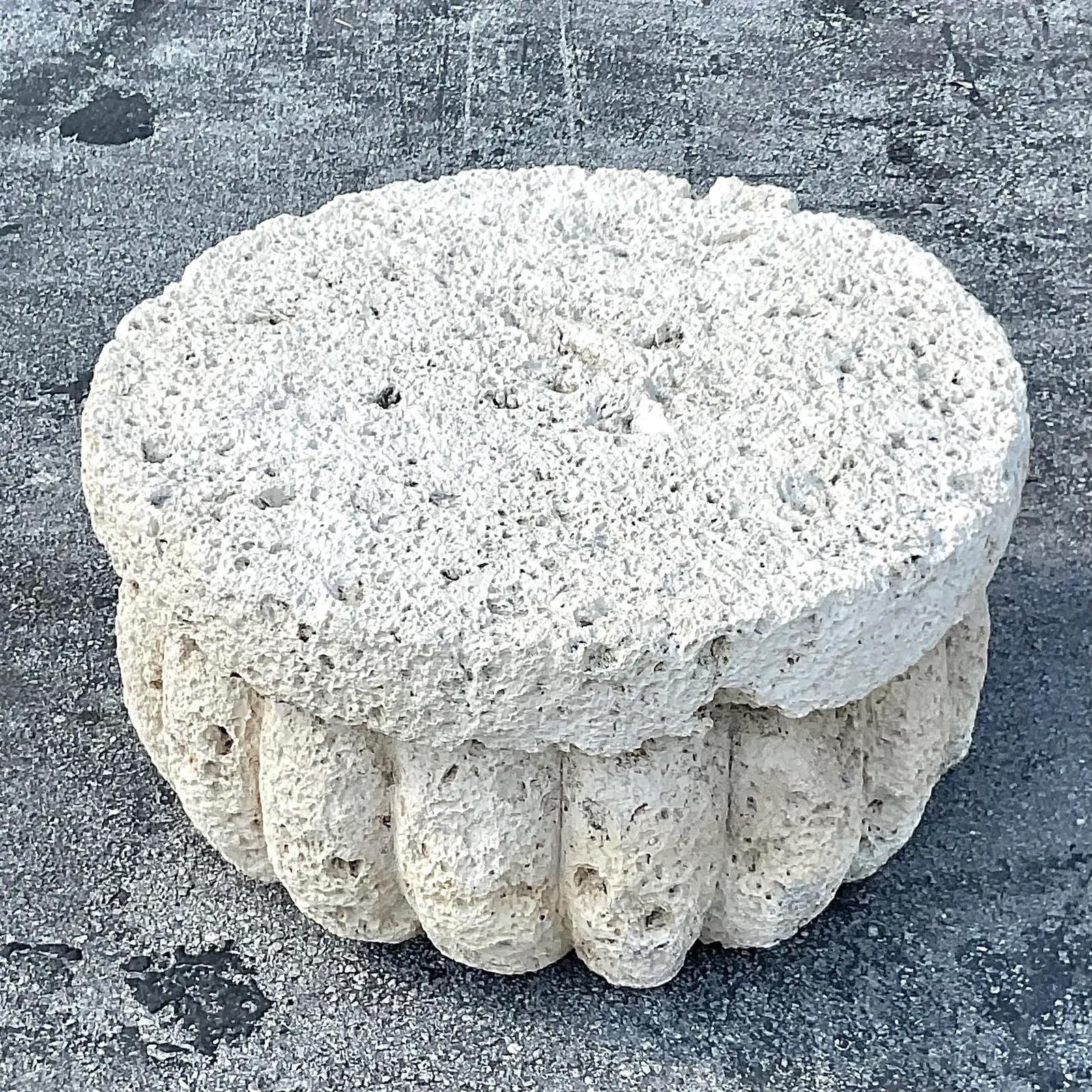 Vintage Coastal Carved Coquina Stone Coffee Table In Good Condition In West Palm Beach, FL