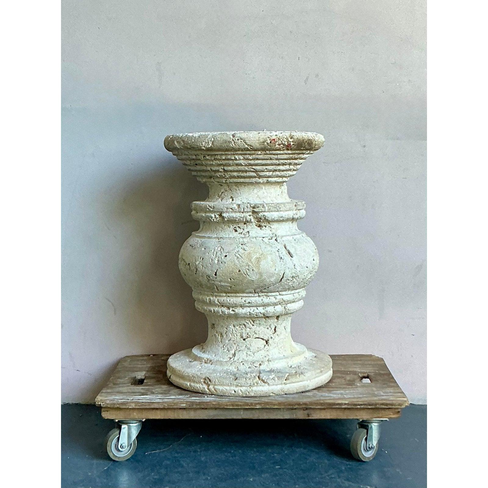 Organic Modern Vintage Coastal Carved Coquina Stone Table Pedestal For Sale