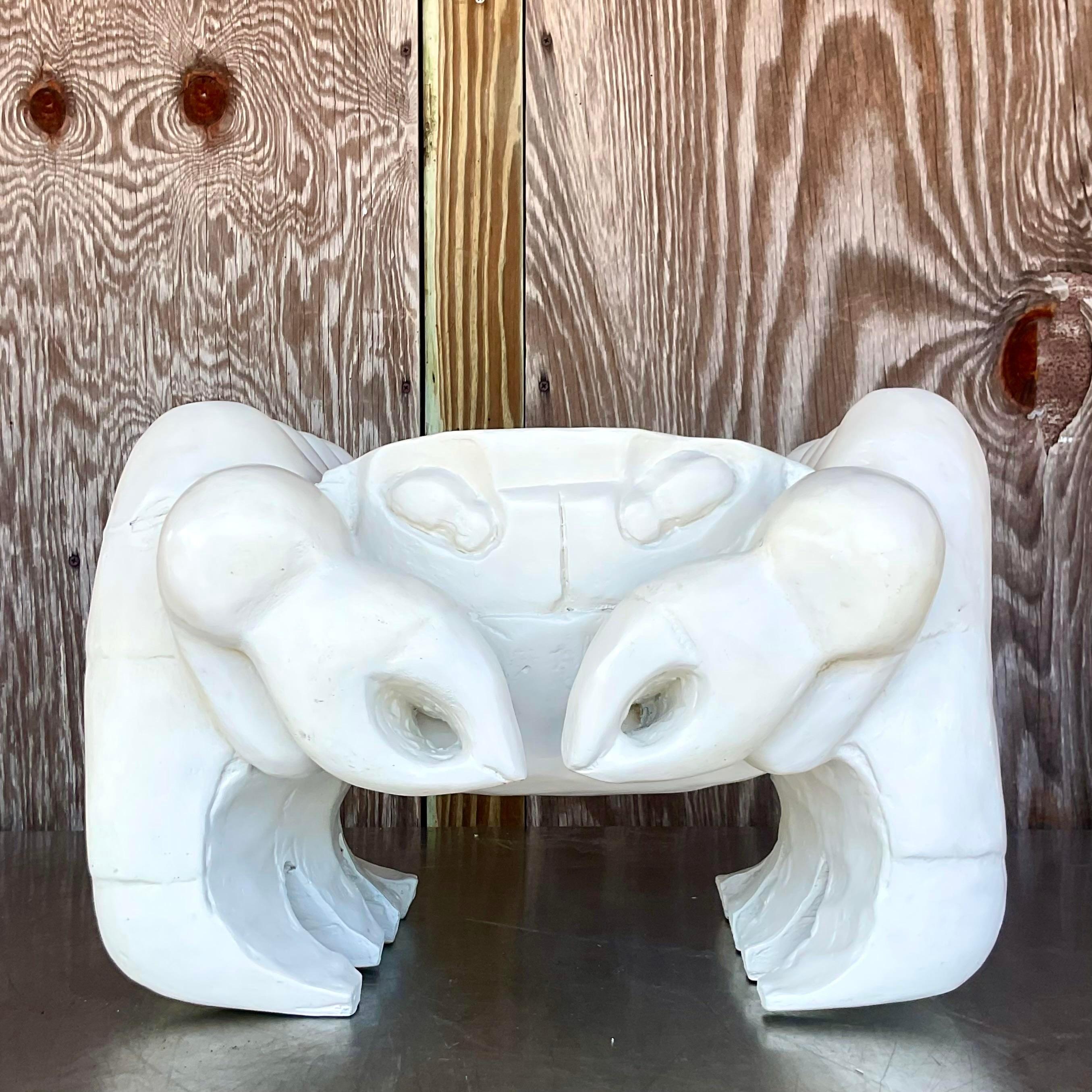 Wood Vintage Coastal Carved Crab Low Stool For Sale