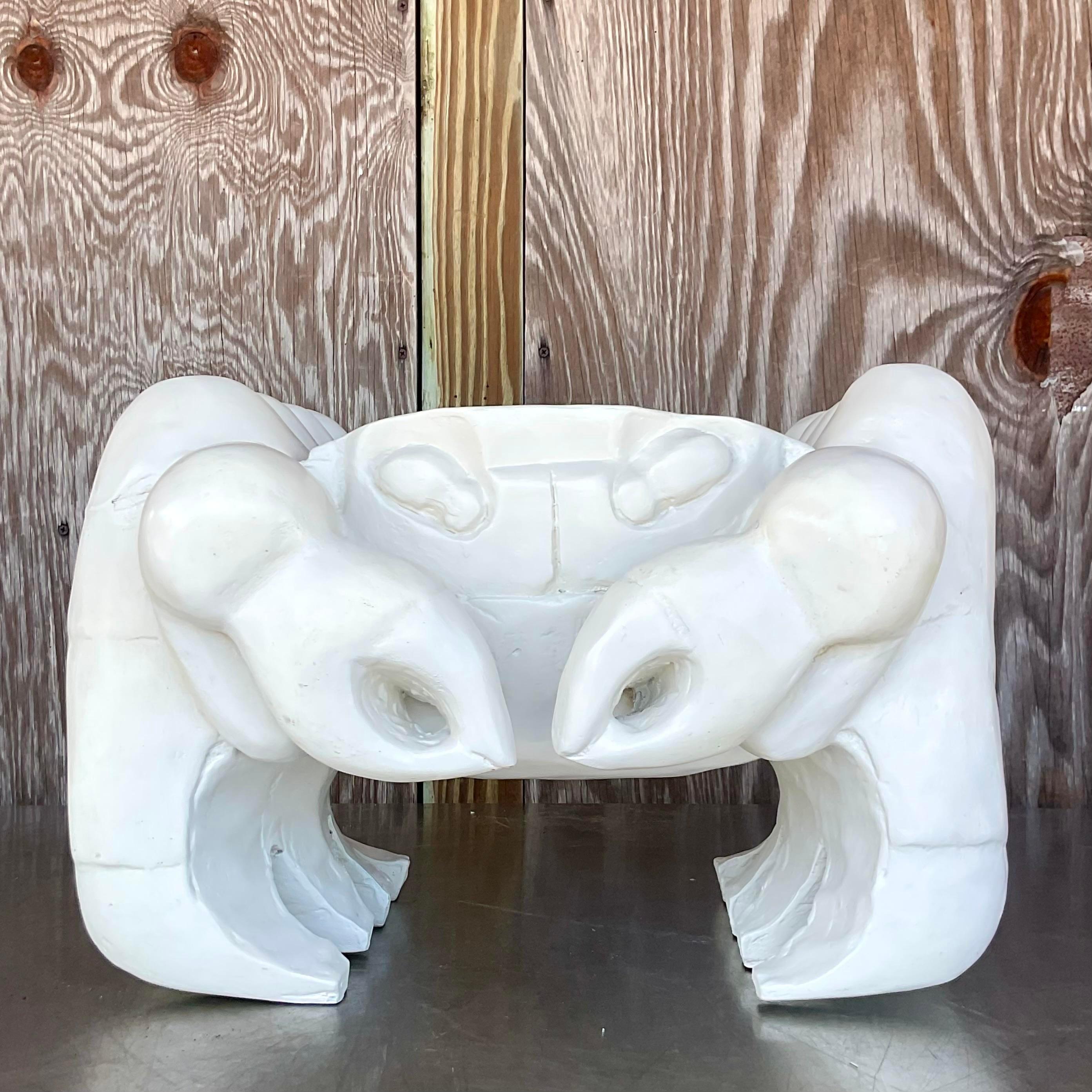 Vintage Coastal Carved Crab Low Stool For Sale 1
