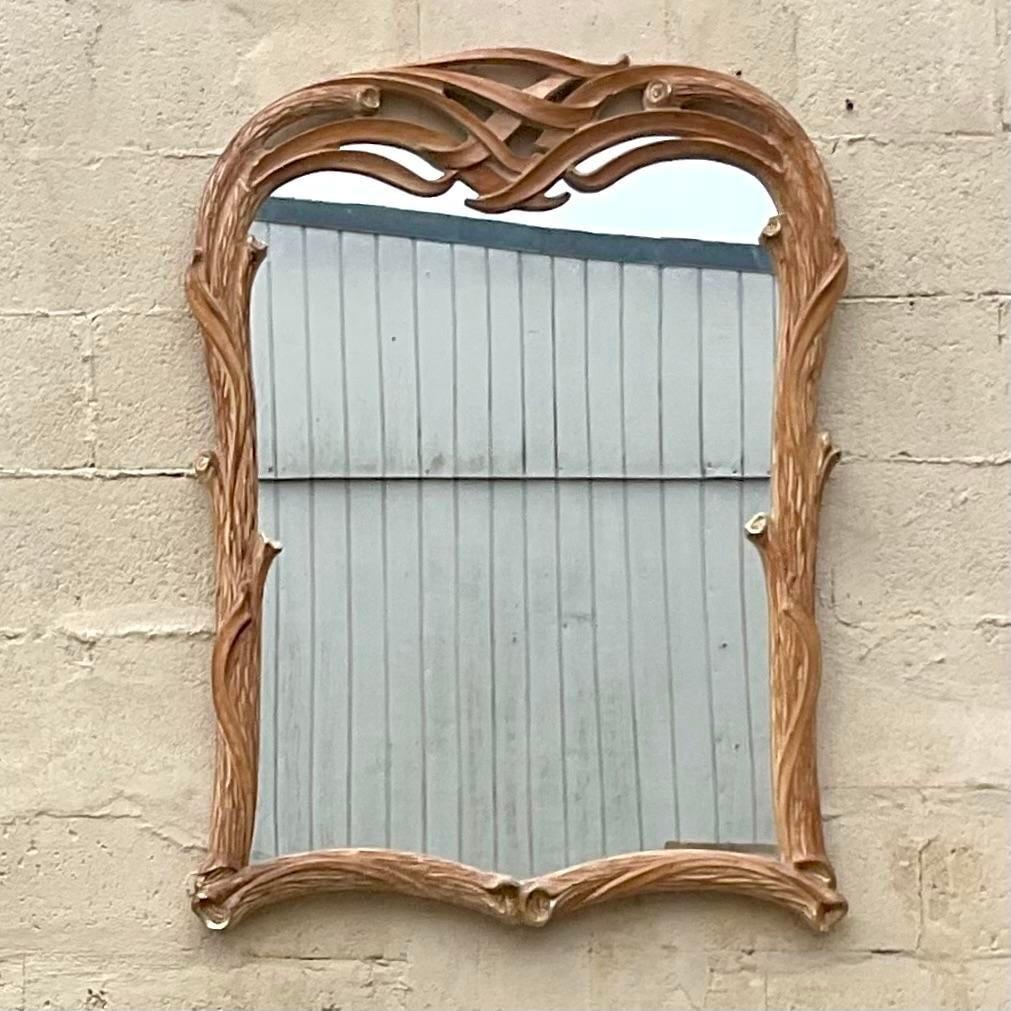 American Vintage Coastal Carved Faux Bois Wood Mirror For Sale