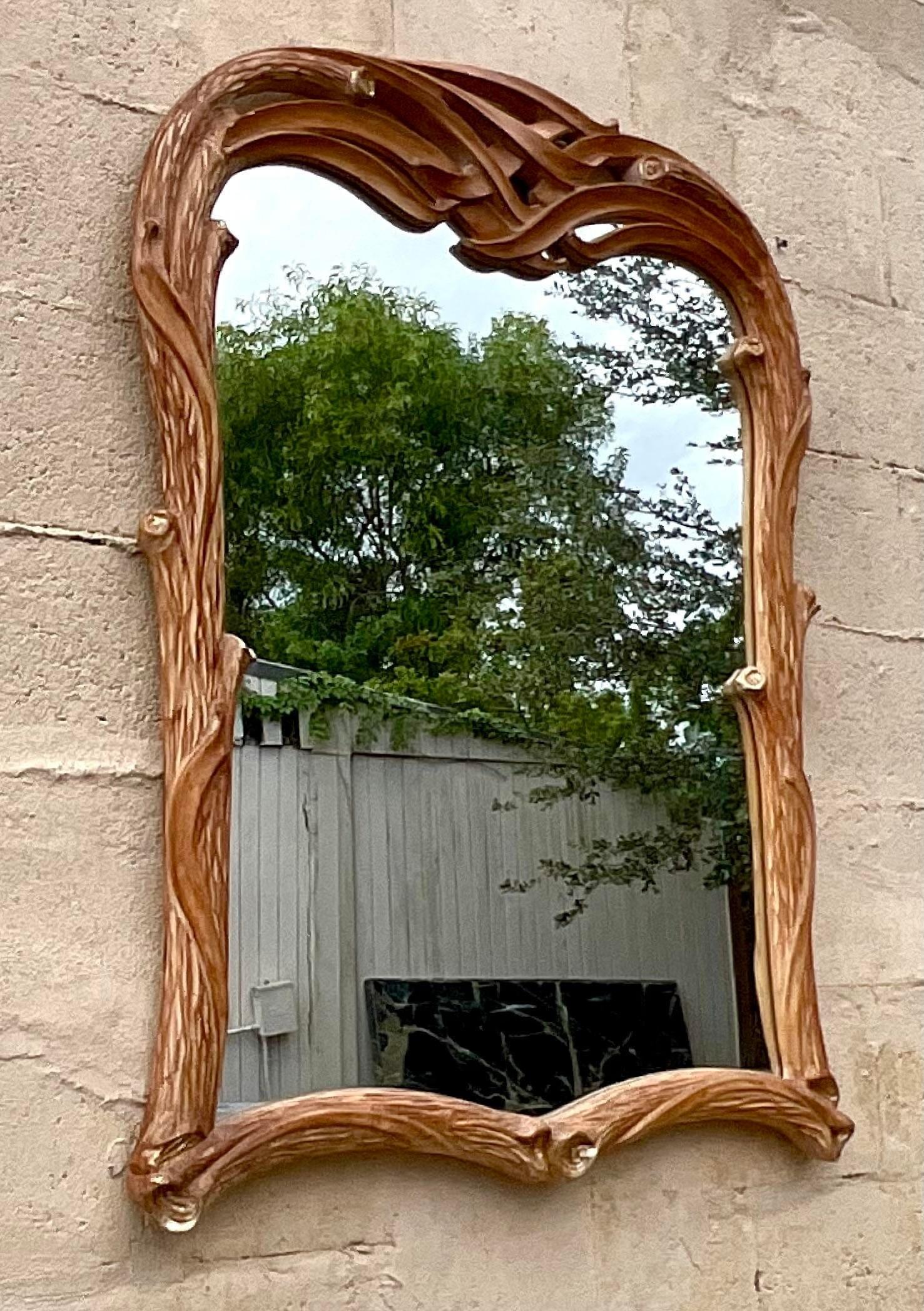 Vintage Coastal Carved Faux Bois Wood Mirror In Good Condition For Sale In west palm beach, FL