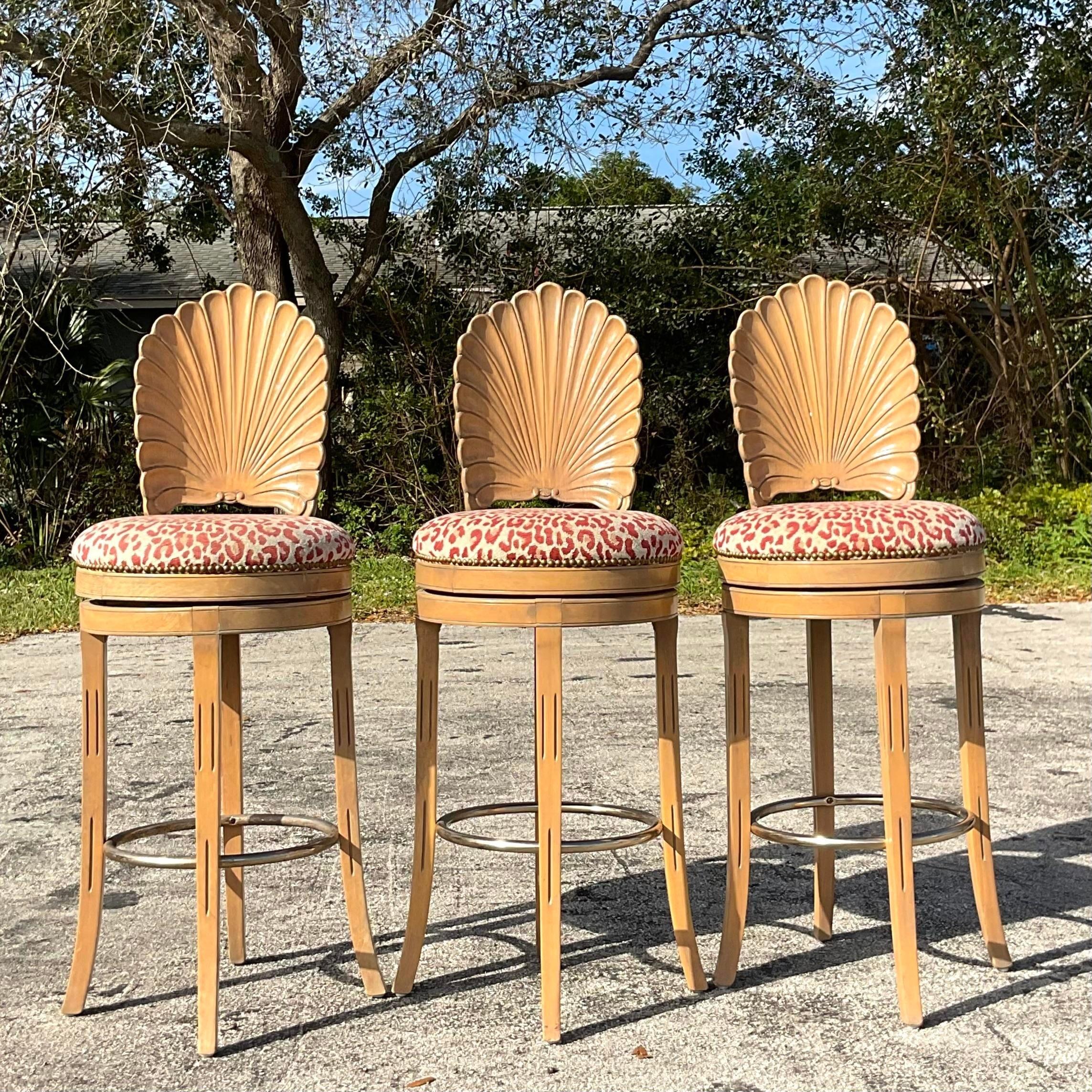20th Century Vintage Coastal Carved Grotto Bar Stools - Set of Three