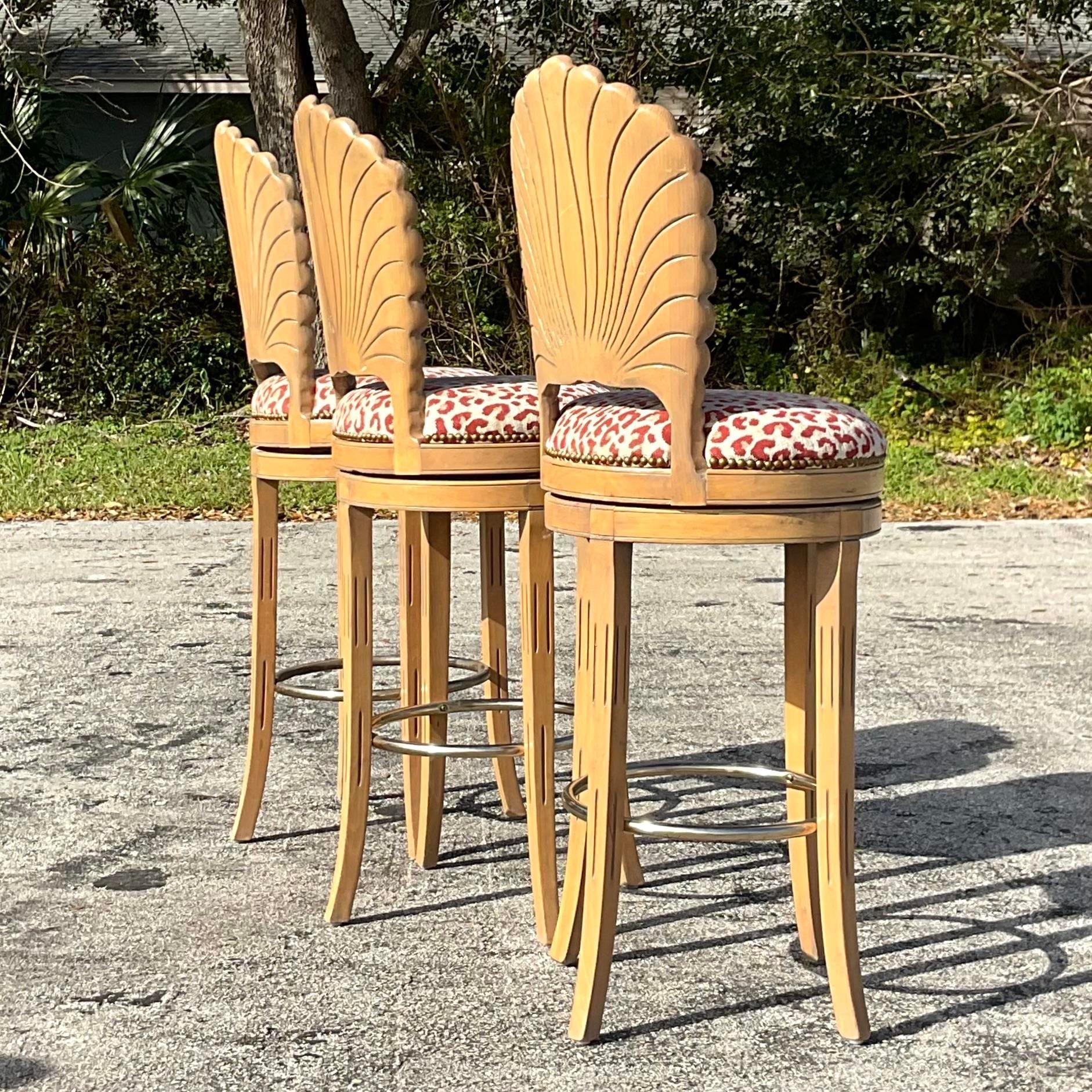 Upholstery Vintage Coastal Carved Grotto Bar Stools - Set of Three