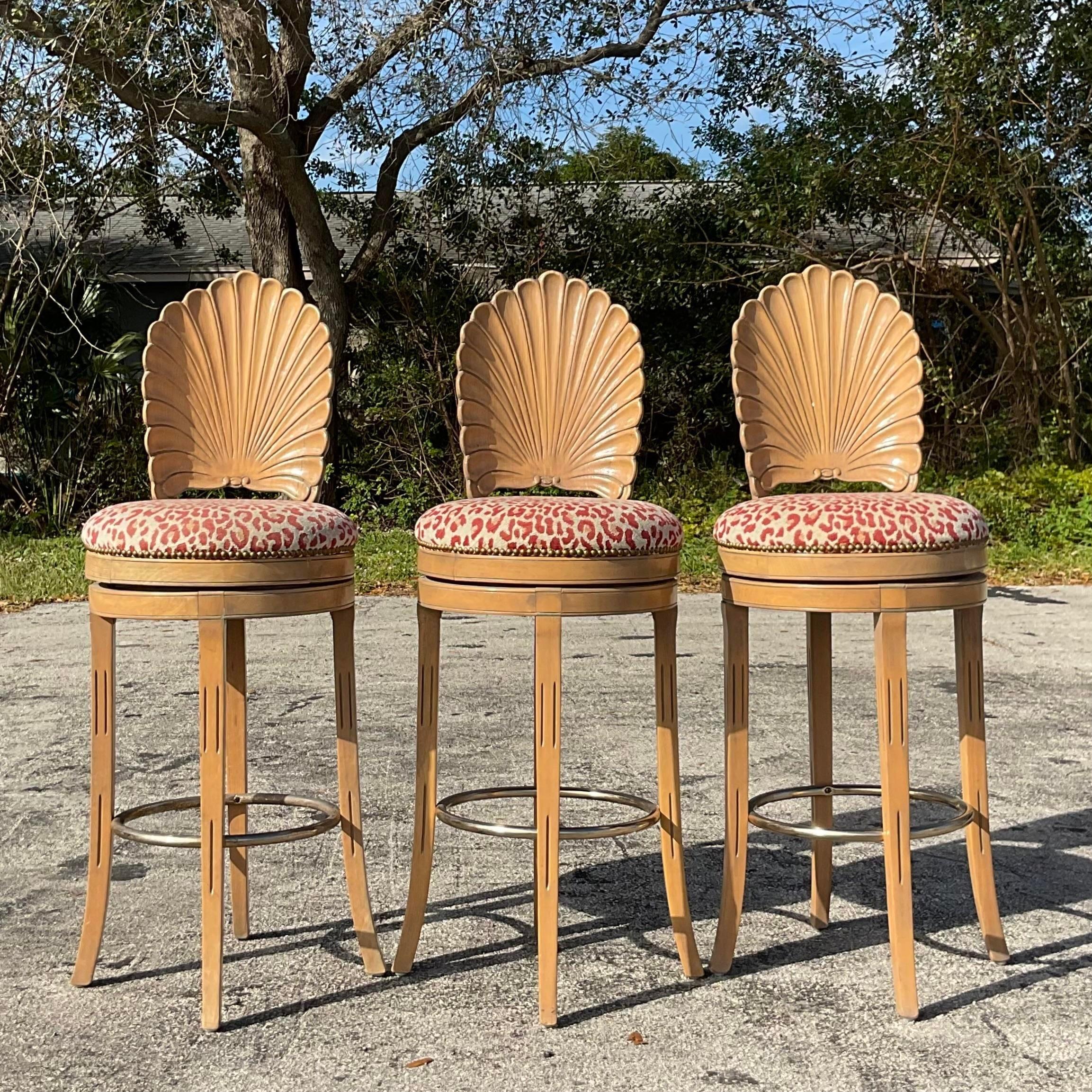 Vintage Coastal Carved Grotto Bar Stools - Set of Three 1
