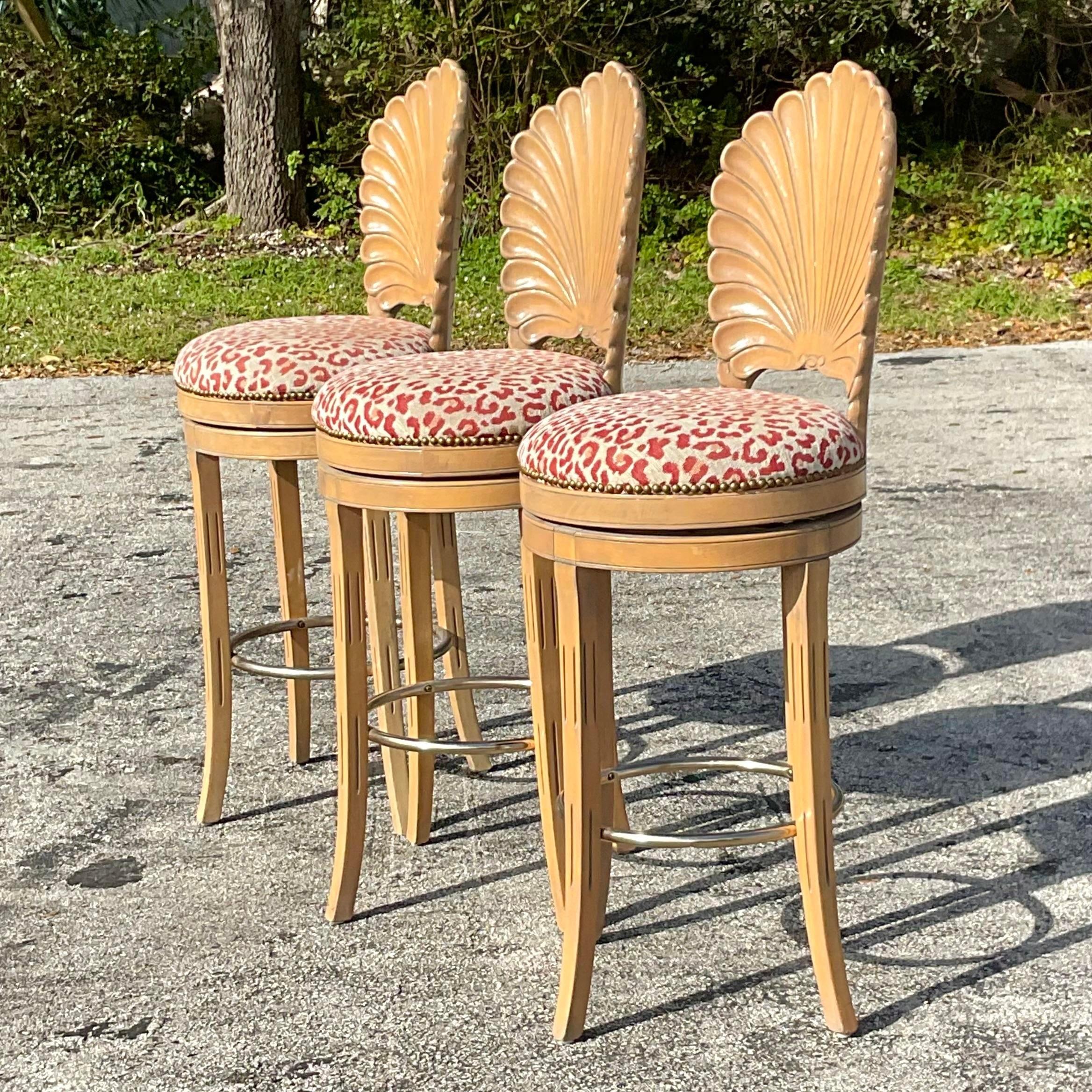 Vintage Coastal Carved Grotto Bar Stools - Set of Three 2