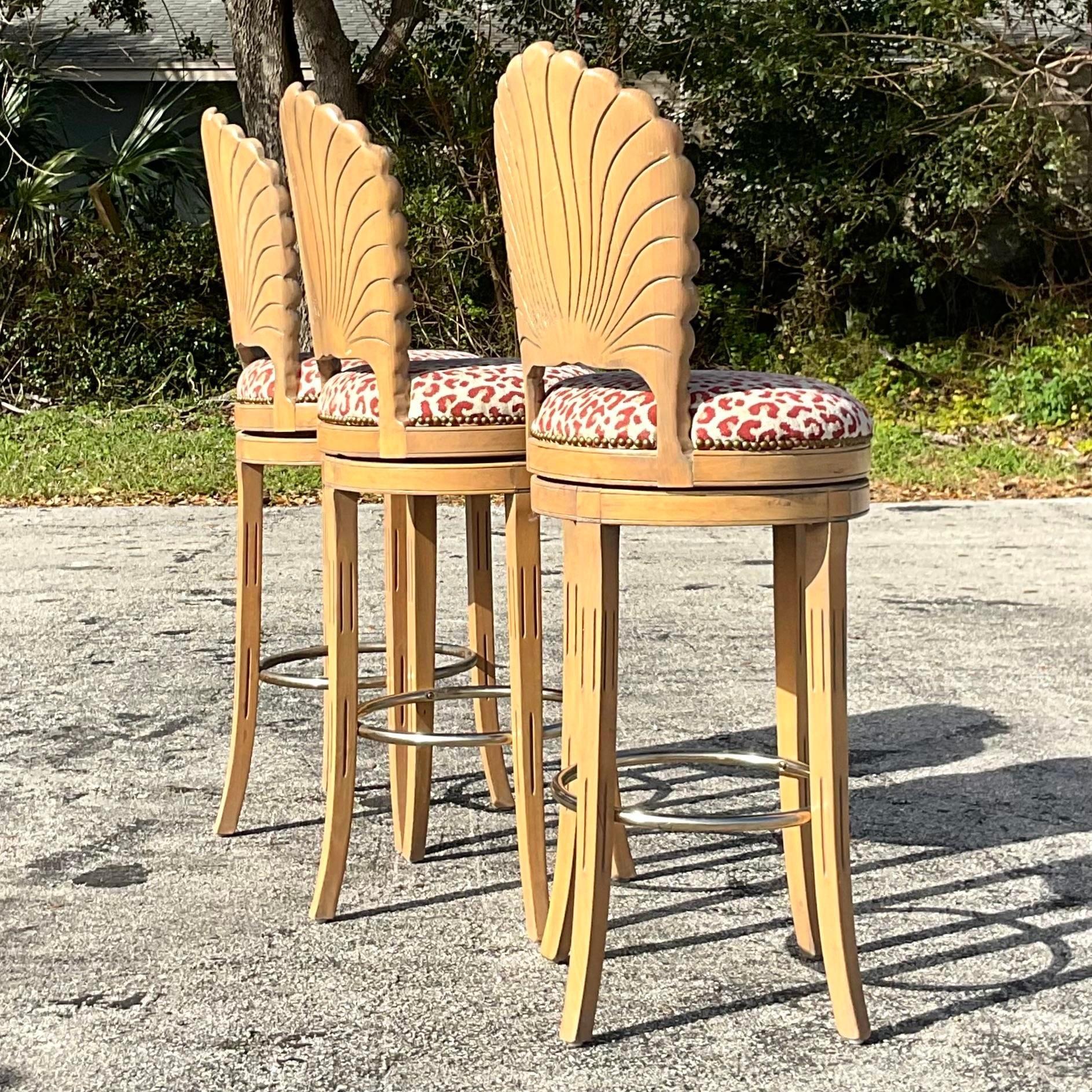 Vintage Coastal Carved Grotto Bar Stools - Set of Three 3