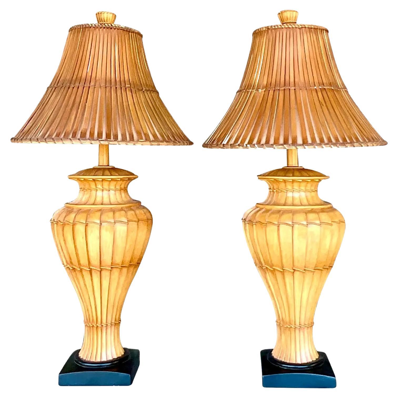 MidCentury Tripod Hairpin Table Lamp with Rattan Shades at 1stDibs