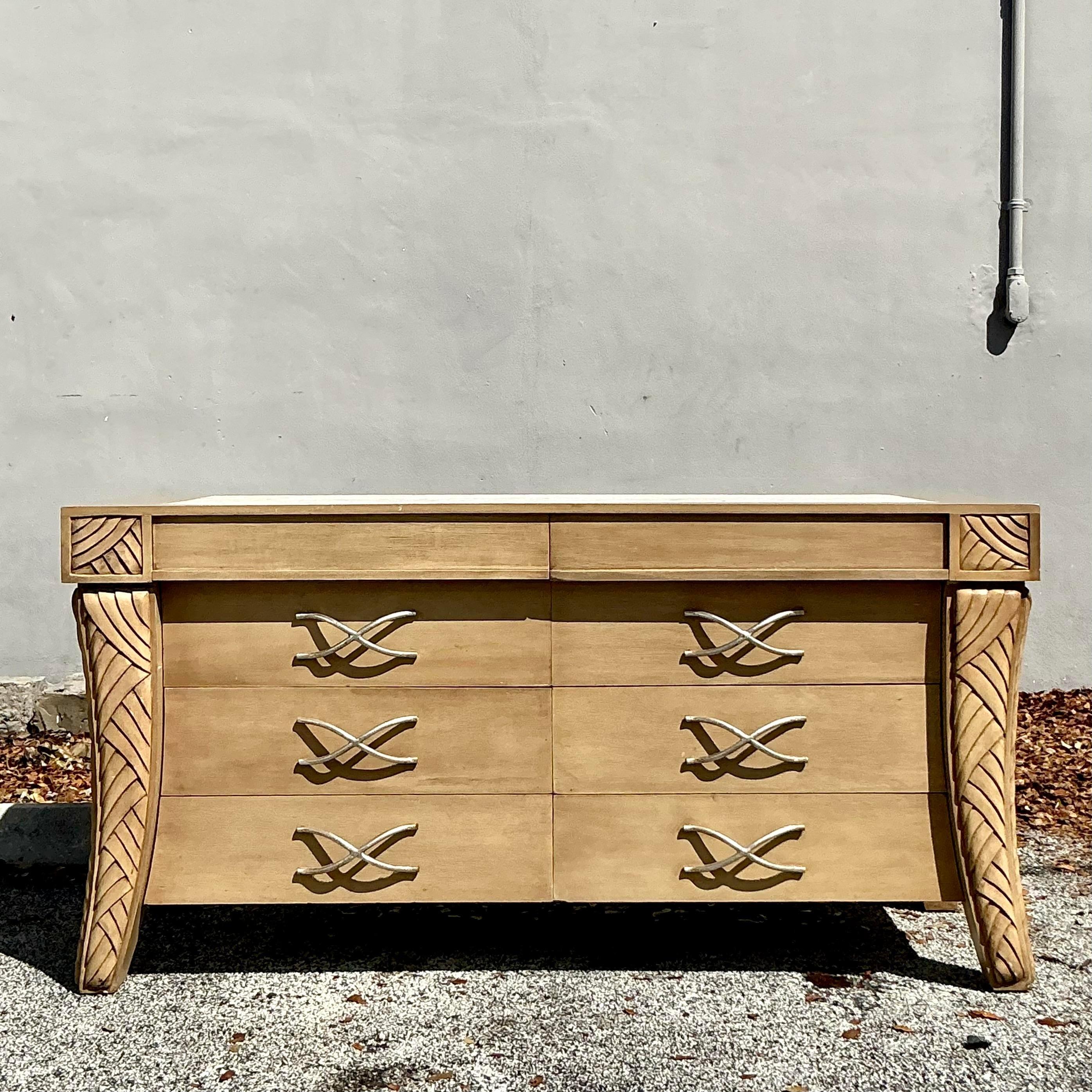 Metal Vintage Coastal Carved Leg Dresser For Sale