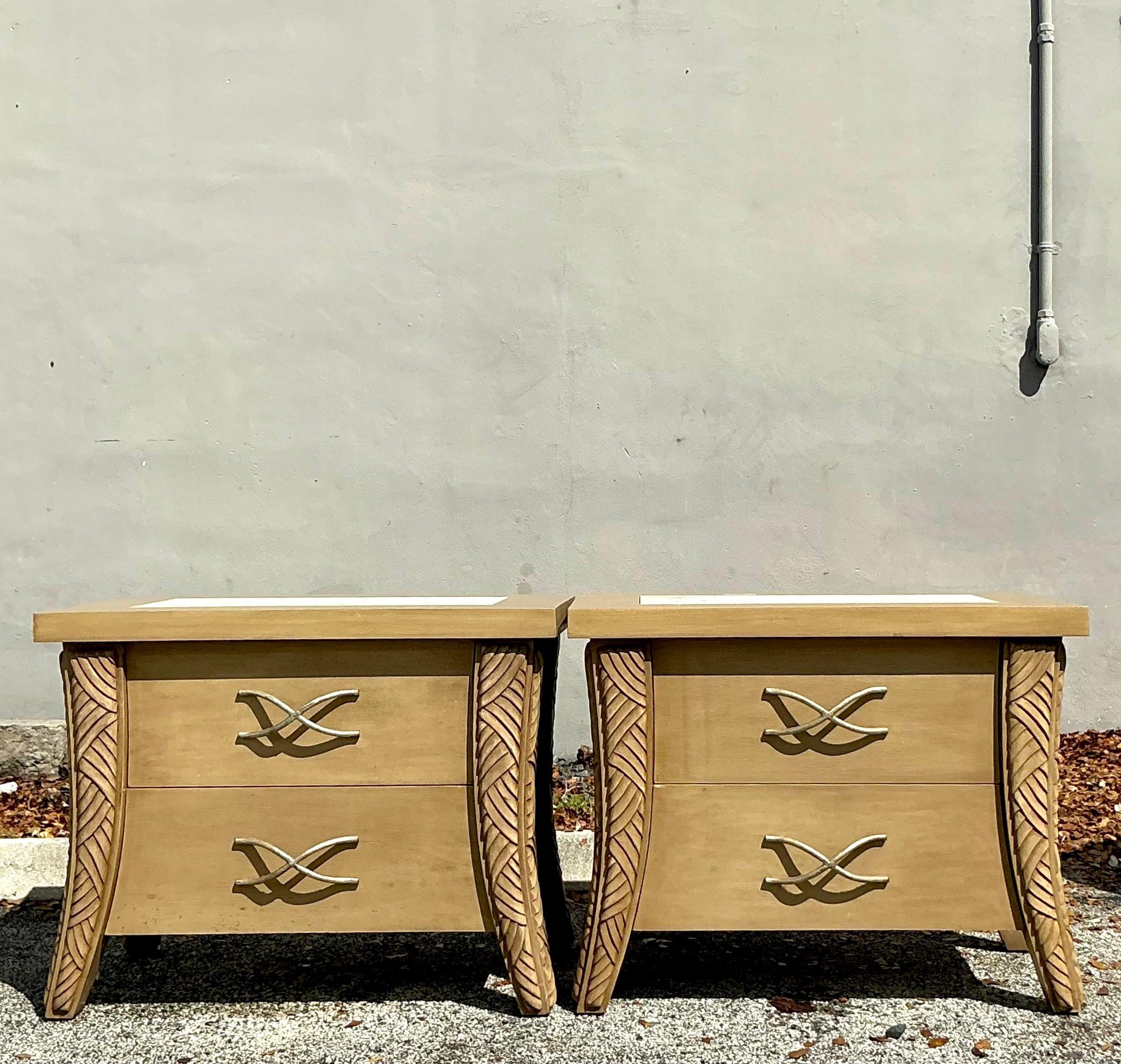 Vintage Coastal Carved Leg Nightstands - a Pair In Good Condition For Sale In west palm beach, FL