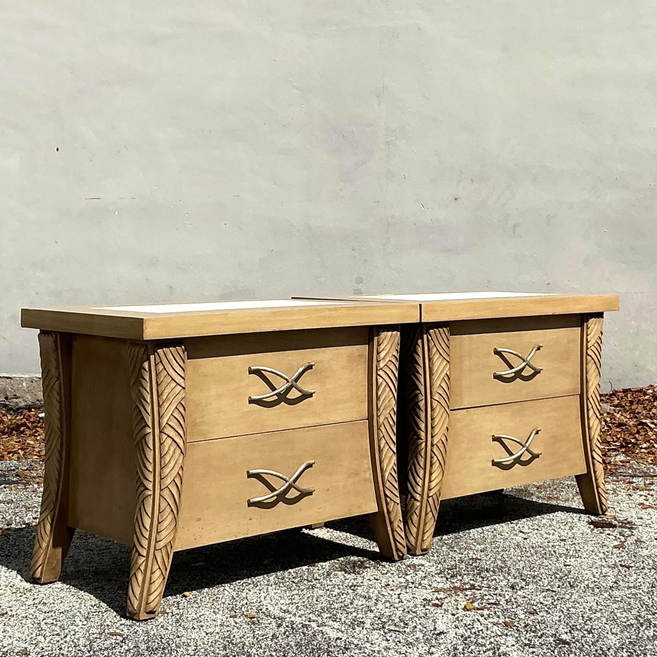 Stone Vintage Coastal Carved Leg Nightstands - a Pair For Sale