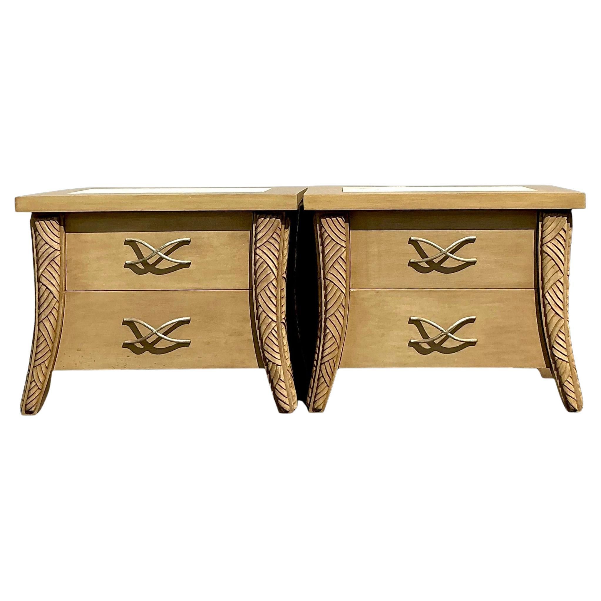 Vintage Coastal Carved Leg Nightstands - a Pair