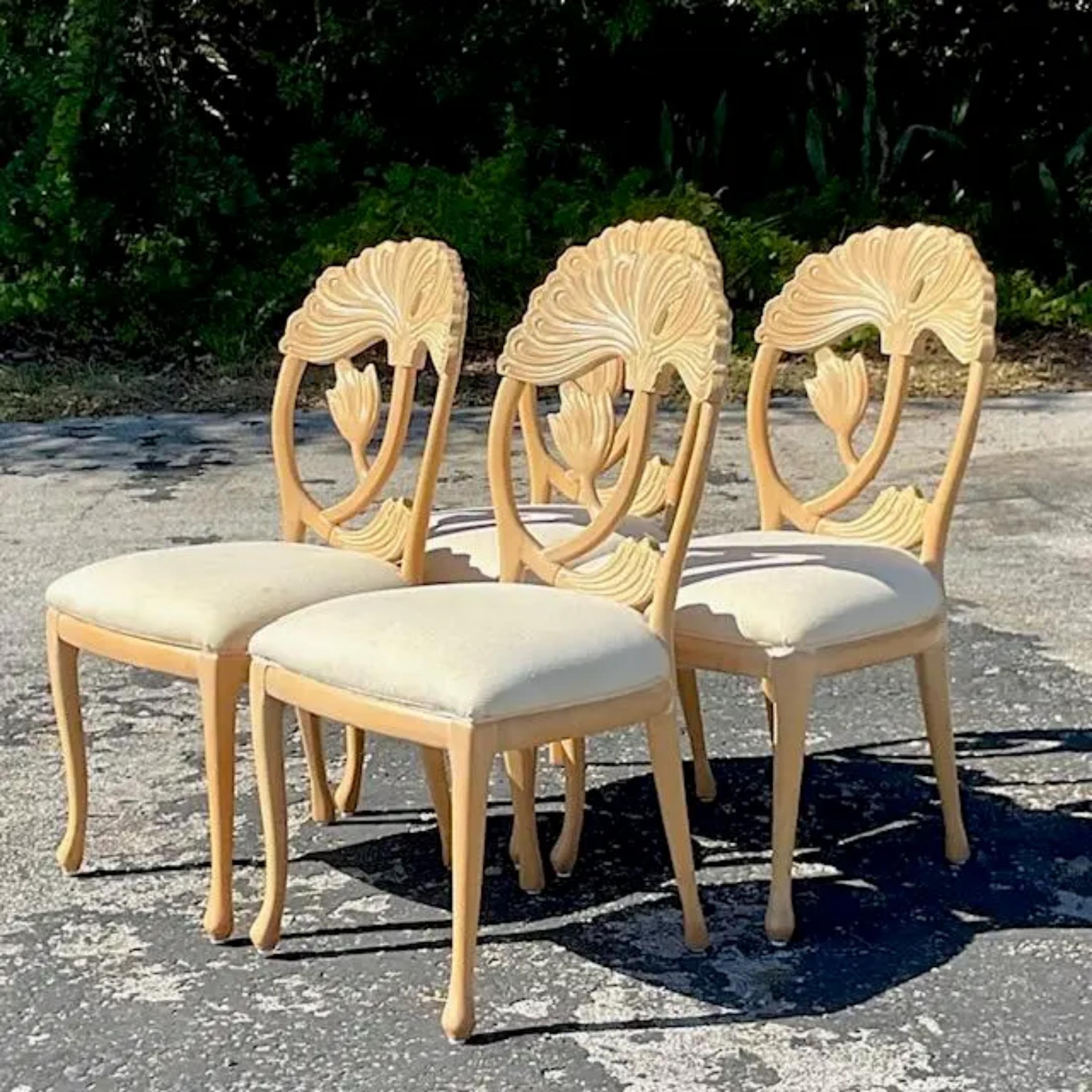 Bohemian Vintage Coastal Carved Lotus Blossom Chairs - Set of 4