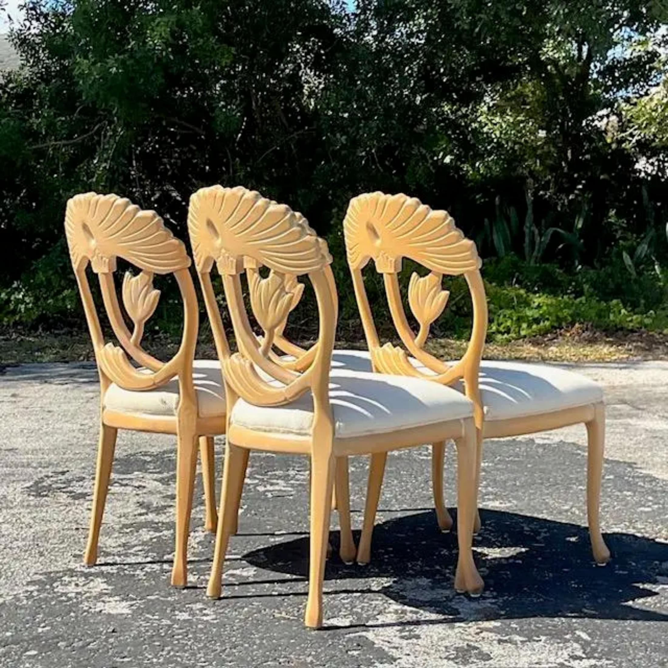American Vintage Coastal Carved Lotus Blossom Chairs - Set of 4