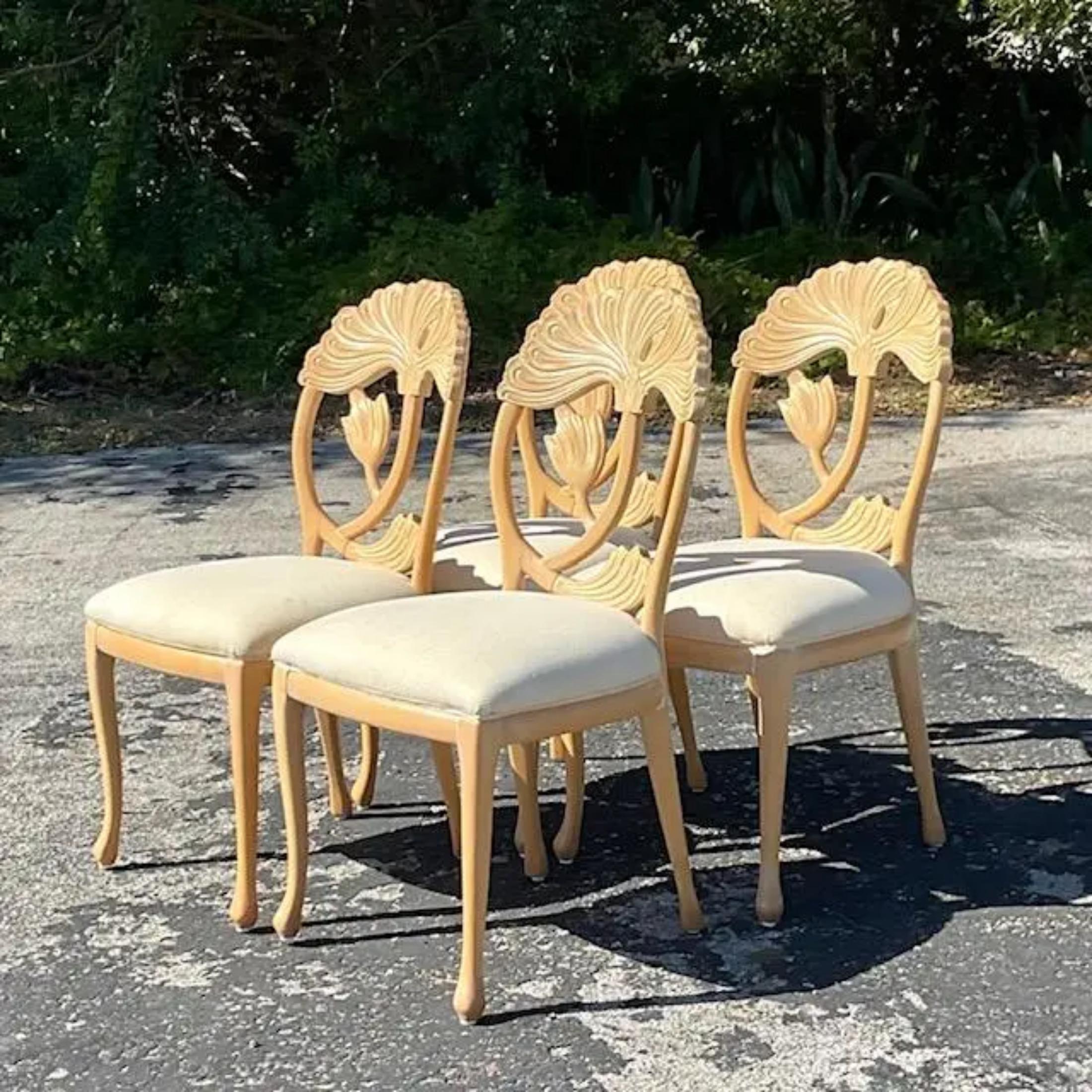 Vintage Coastal Carved Lotus Blossom Chairs - Set of 4 In Good Condition In west palm beach, FL