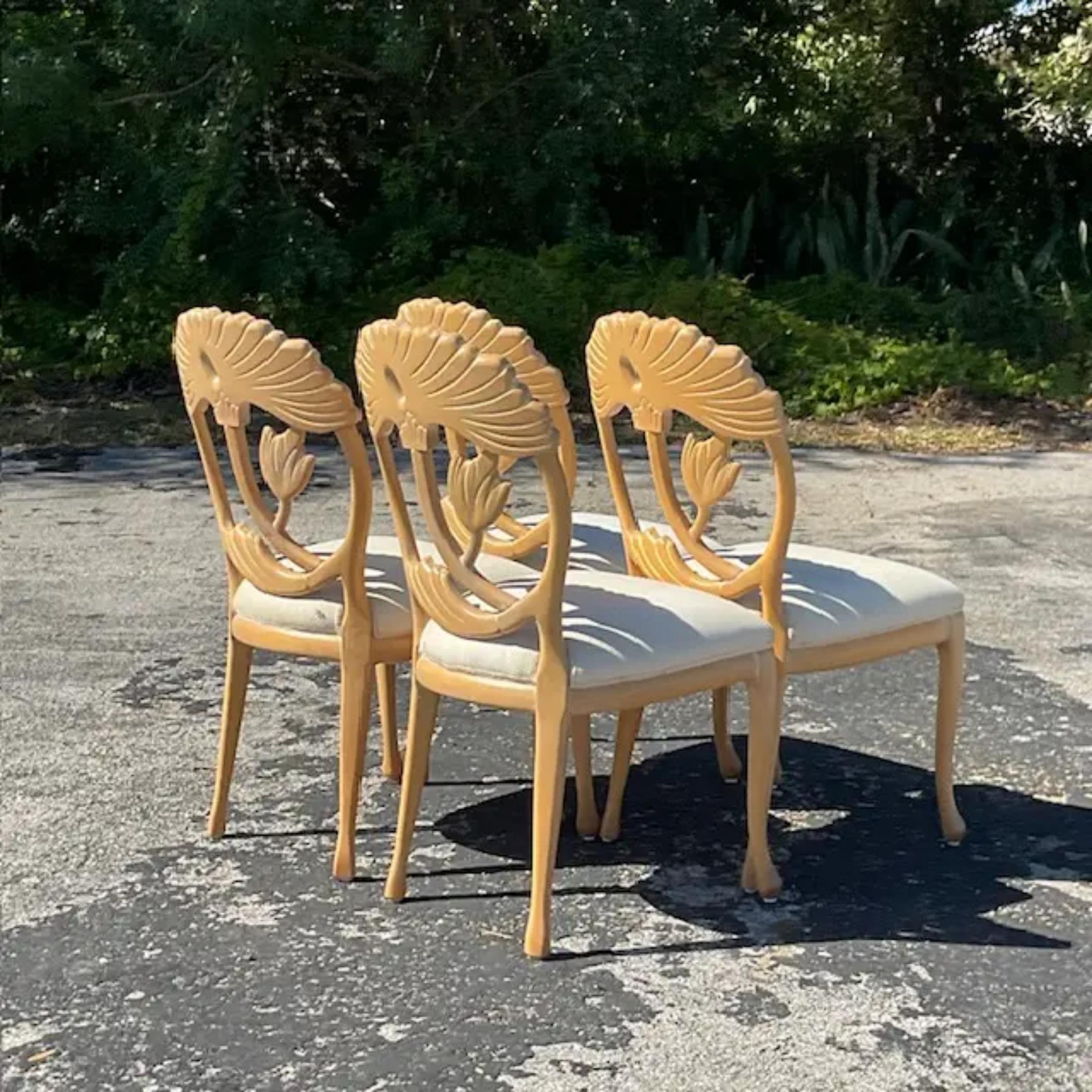 20th Century Vintage Coastal Carved Lotus Blossom Chairs - Set of 4